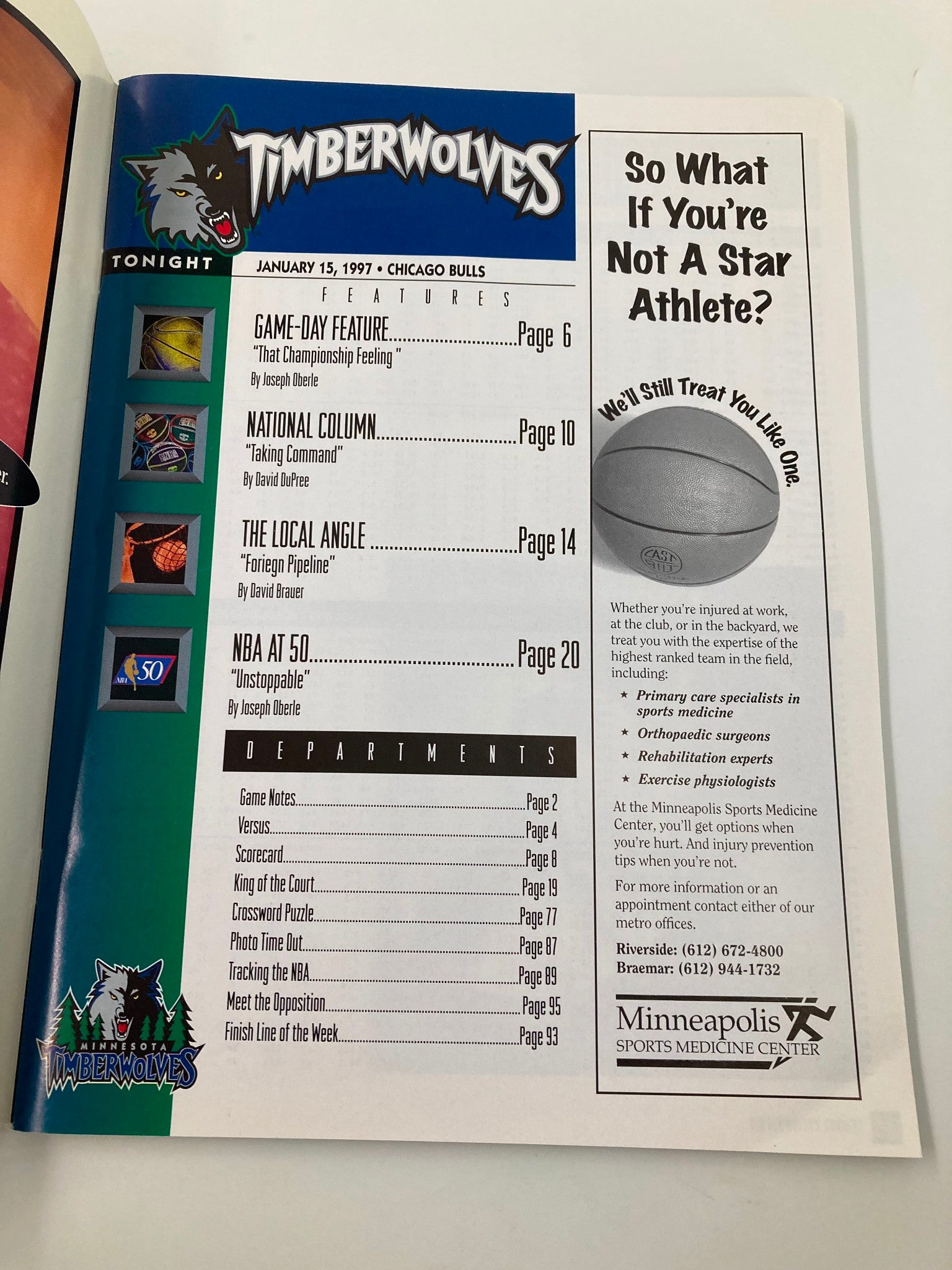 Interior page of Timberwolves Tonight Magazine January 15, 1997 displaying the table of contents with features related to the Chicago Bulls and Minnesota Timberwolves.