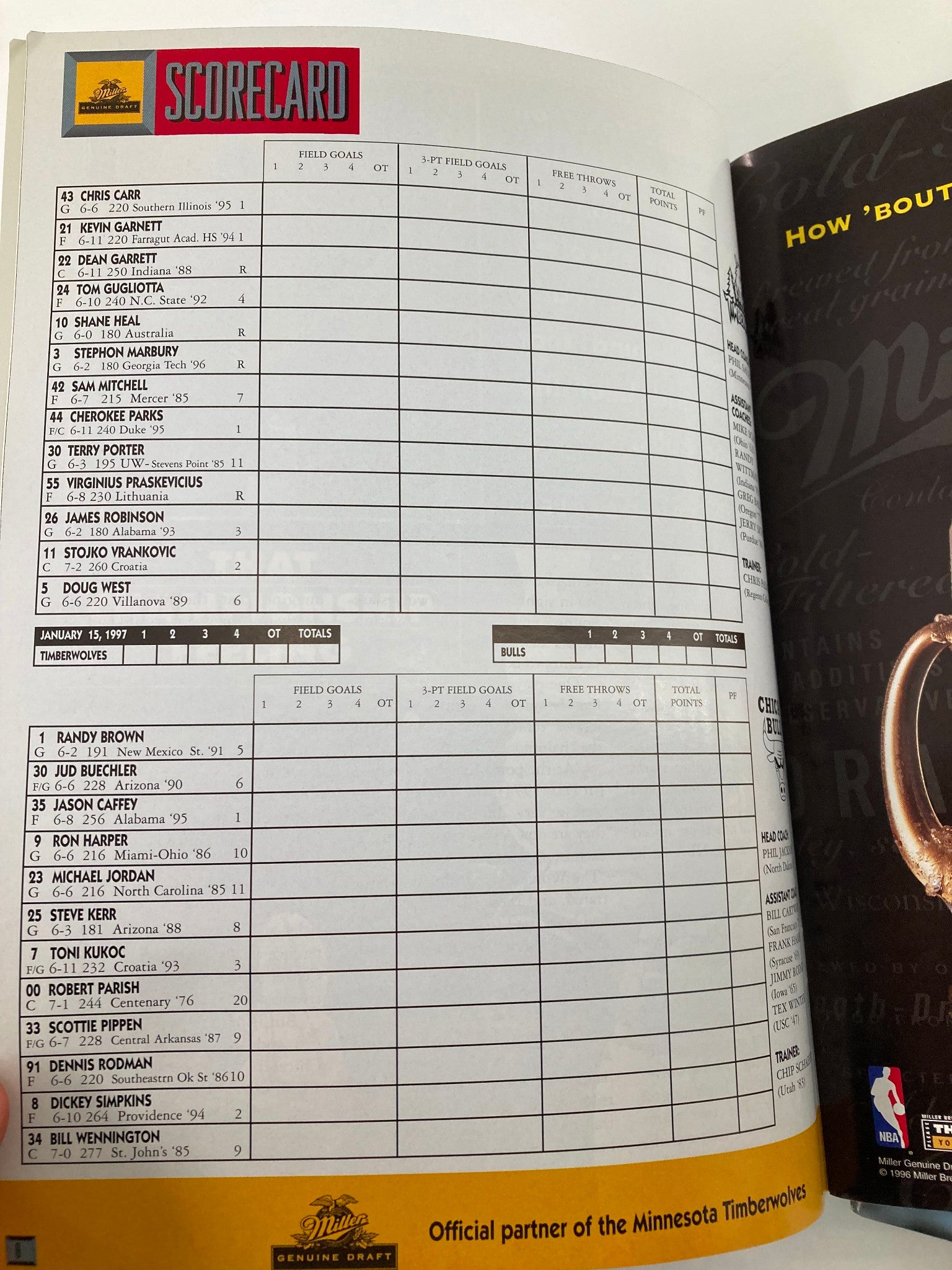 Scorecard page from Timberwolves Tonight Magazine January 15, 1997 outlining player statistics including Michael Jordan, highlighting the competitive dynamics of the NBA.