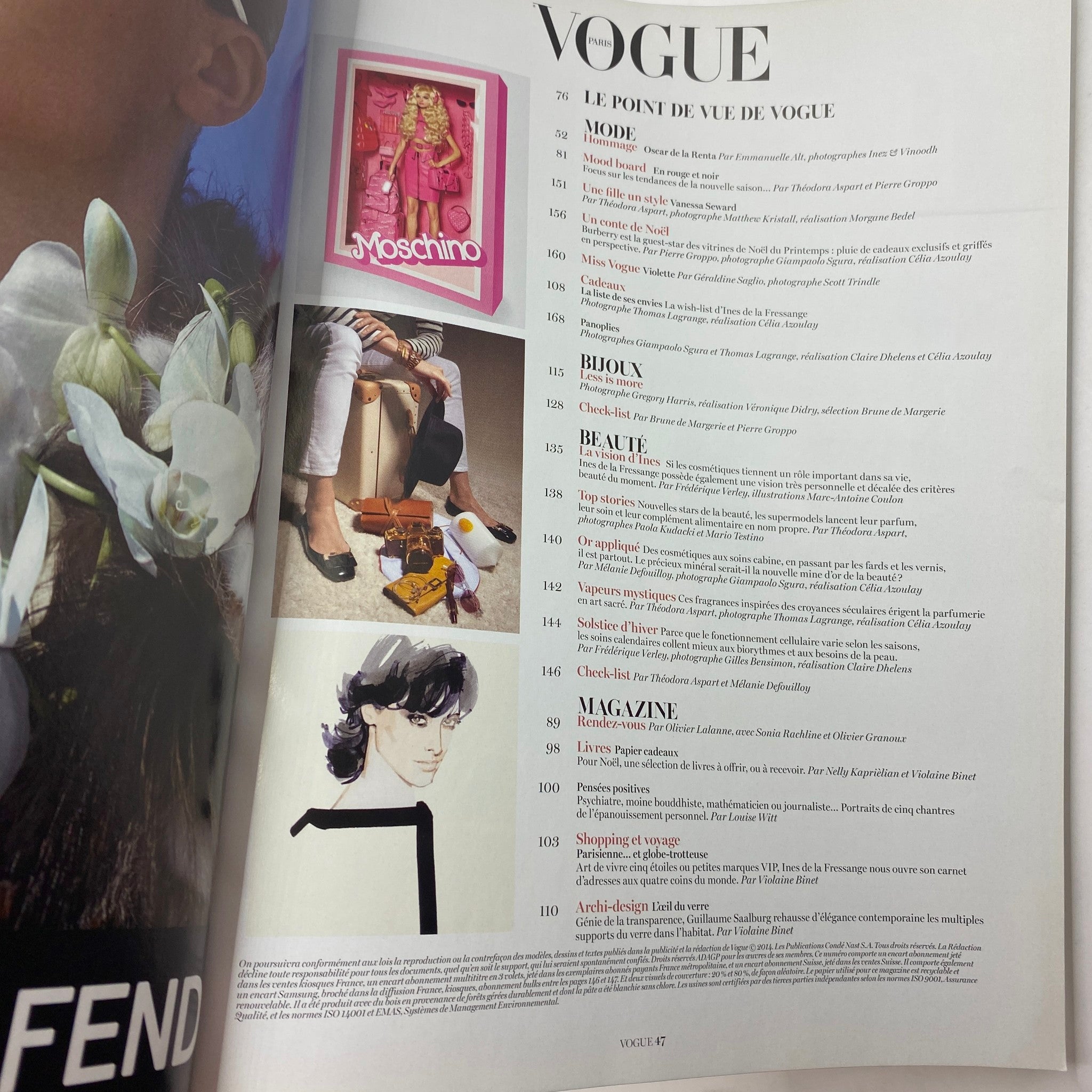 Inside page of Vogue Paris Magazine December 2014 displaying the contents and editorial layout, highlighting fashion features.