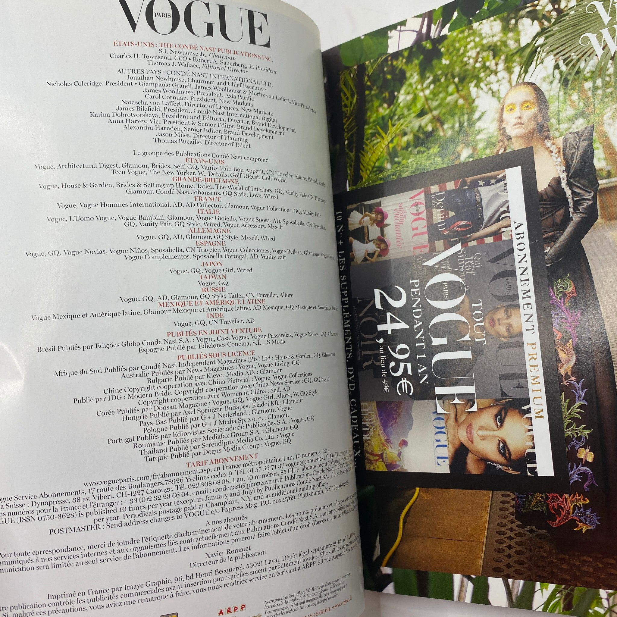 Inside page of Vogue Paris Magazine September 2013, displaying subscription information and editorial details, enhancing the magazine's collectible aspect.