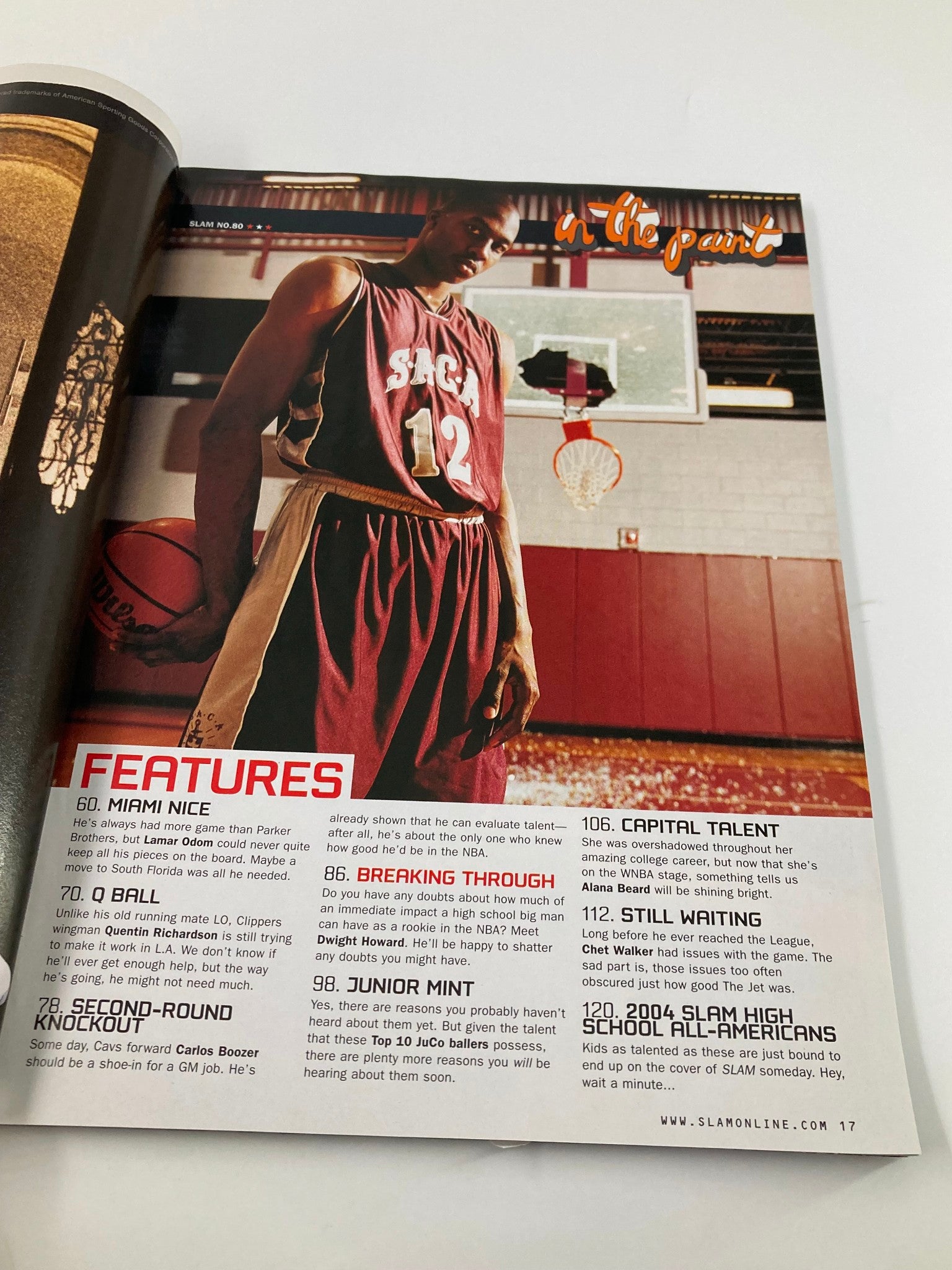 Inside page of Slam Magazine August 2004 showcasing a featured player in a basketball jersey, highlighting content about up-and-coming talent in the NBA. Ideal for collectors of basketball memorabilia.
