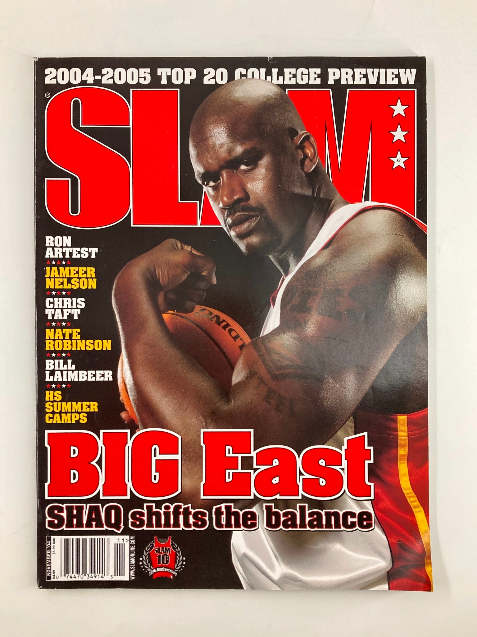 Cover of Slam Magazine November 2004 featuring Shaquille O'Neal, titled 'BIG East: SHAQ shifts the balance', showcasing NBA superstar Shaquille O'Neal during his time with the Miami Heat.