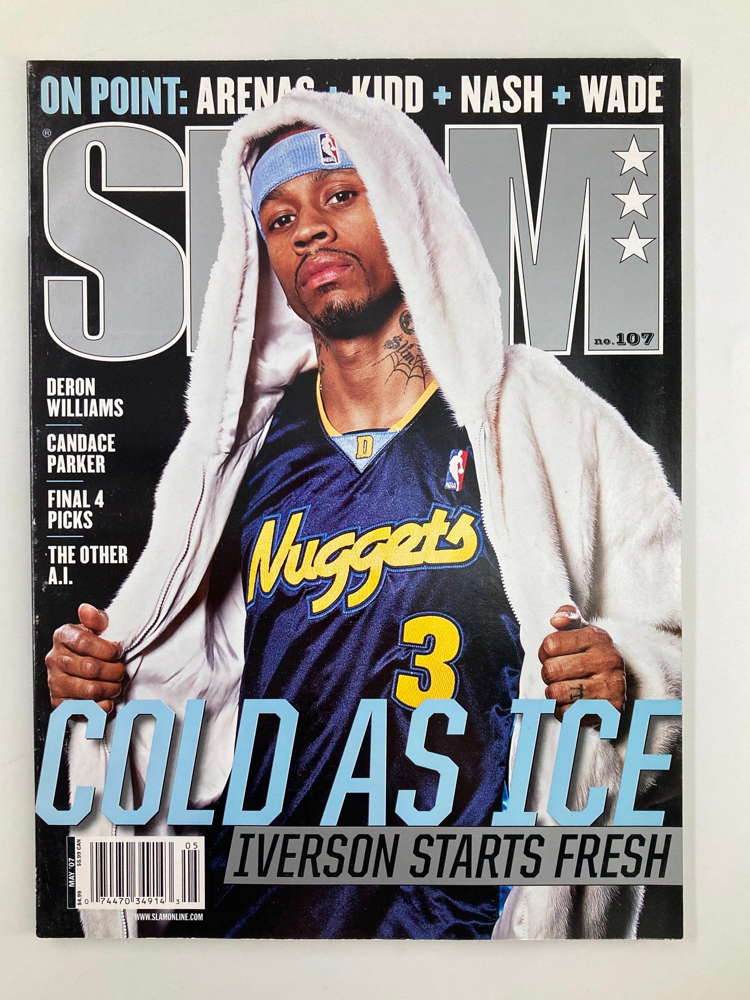 Slam Magazine May 2007 cover featuring NBA star Allen Iverson in a Denver Nuggets jersey, with the headline 'Cold as Ice' and a fluffy white hooded jacket, celebrating his fresh start in the NBA.