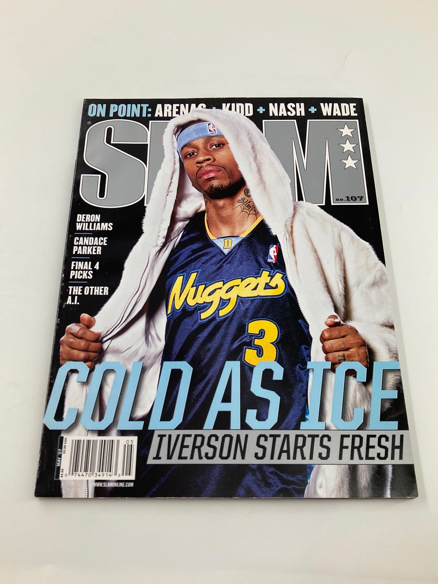 Slam Magazine May 2007 issue featuring NBA superstar Allen Iverson on the cover, showcasing his Denver Nuggets jersey and a stylish outerwear look.