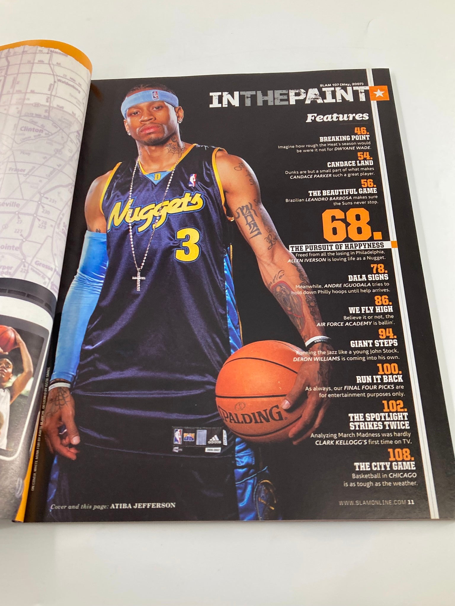 Inside page of Slam Magazine May 2007 highlighting Allen Iverson in a Denver Nuggets jersey, with a basketball and magazine layout details.