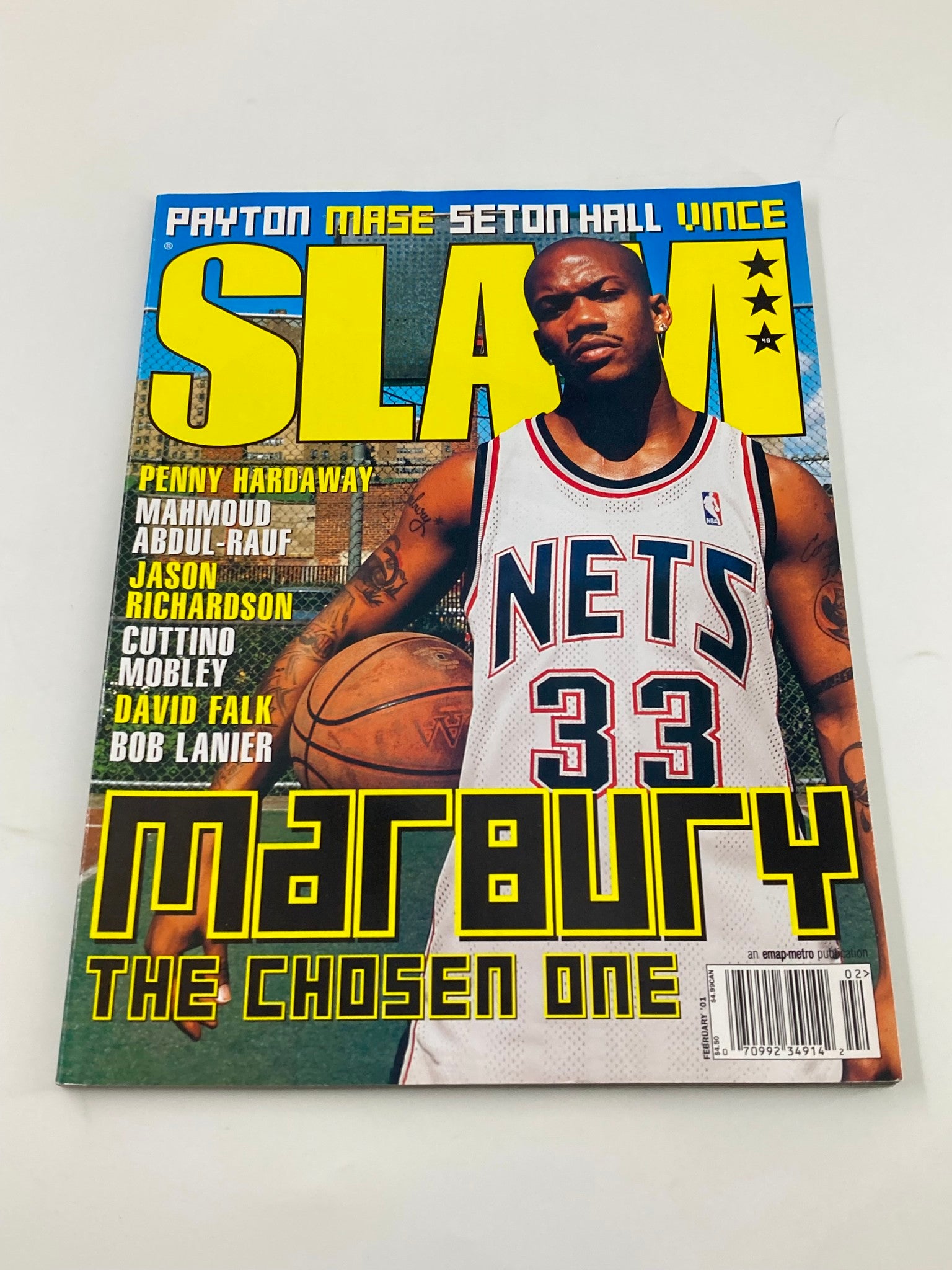 Slam Magazine February 2001 cover featuring Brooklyn Nets star Stephon Marbury, showcasing his iconic pose and the magazine's bold title.