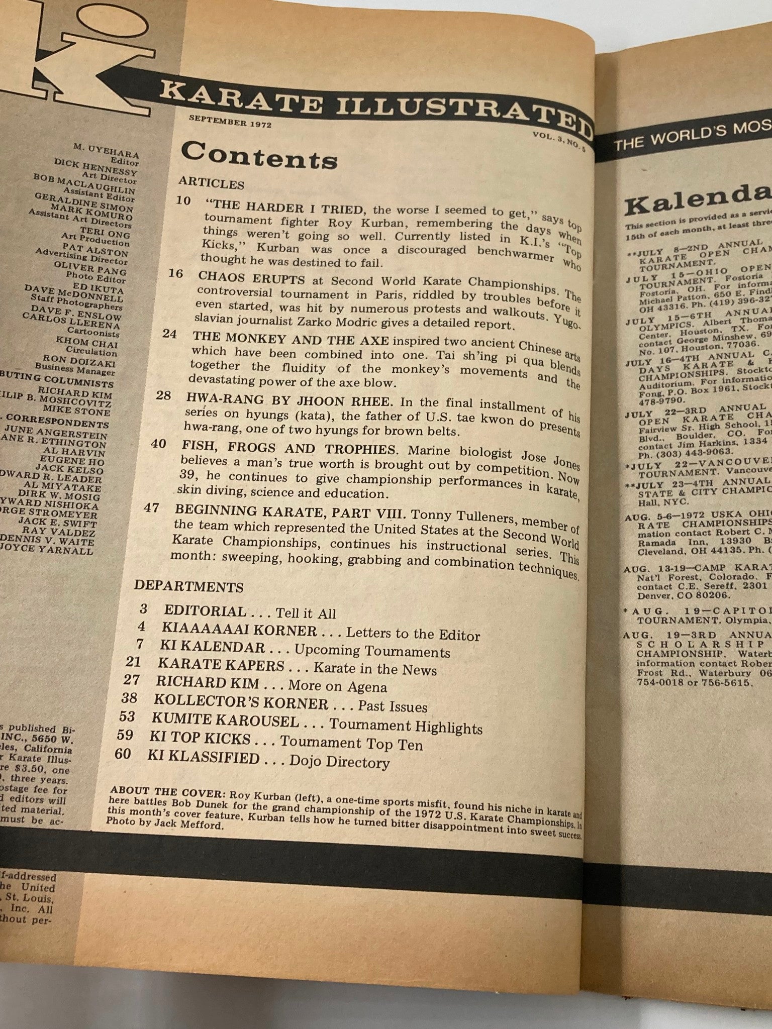 Contents page of VTG Karate Illustrated Magazine September 1972 listing articles on martial arts topics and tournament highlights, reflecting the decade's karate culture.
