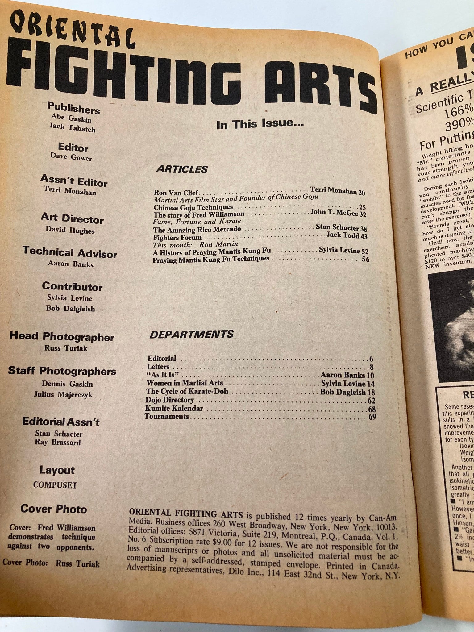 Inside page of VTG Oriental Fighting Arts Magazine February 1975 listing articles, contributors, and notable features in martial arts.