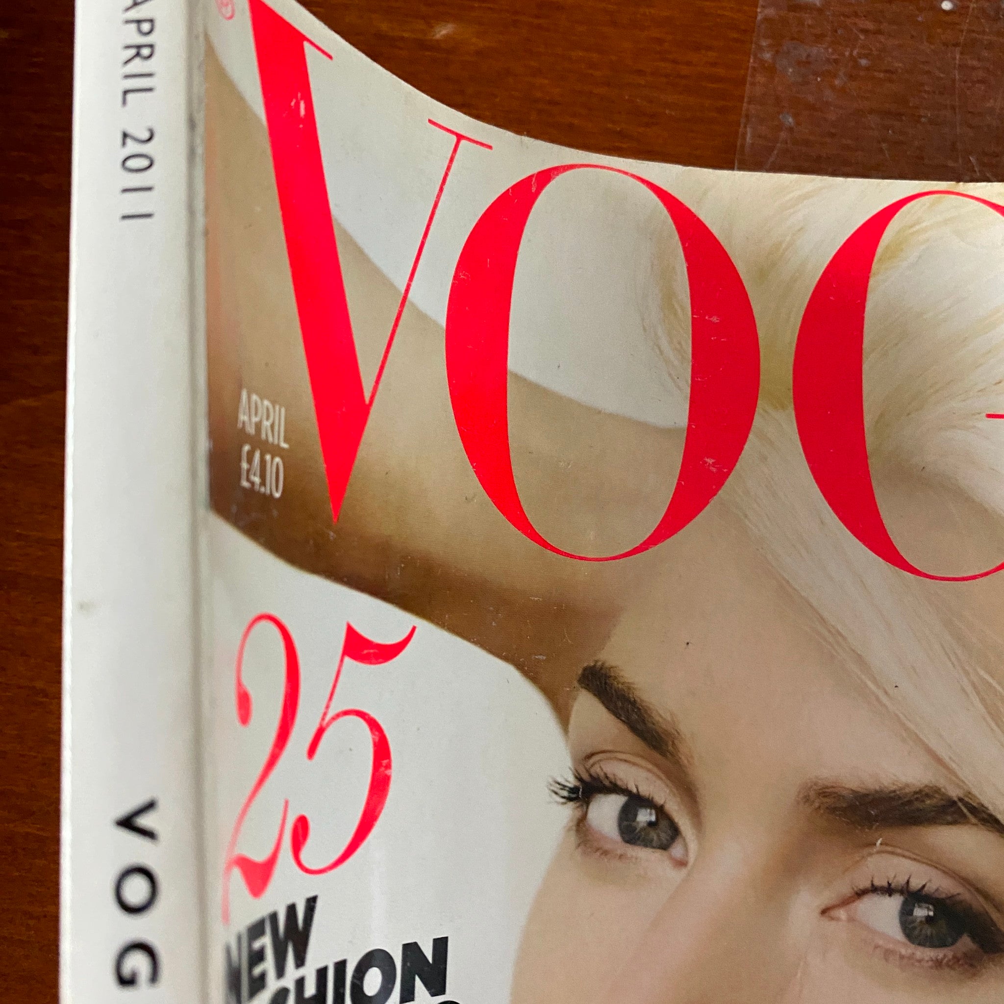 Top edge of Vogue Magazine April 2011 cover showcasing Kate Winslet with a visible price tag.