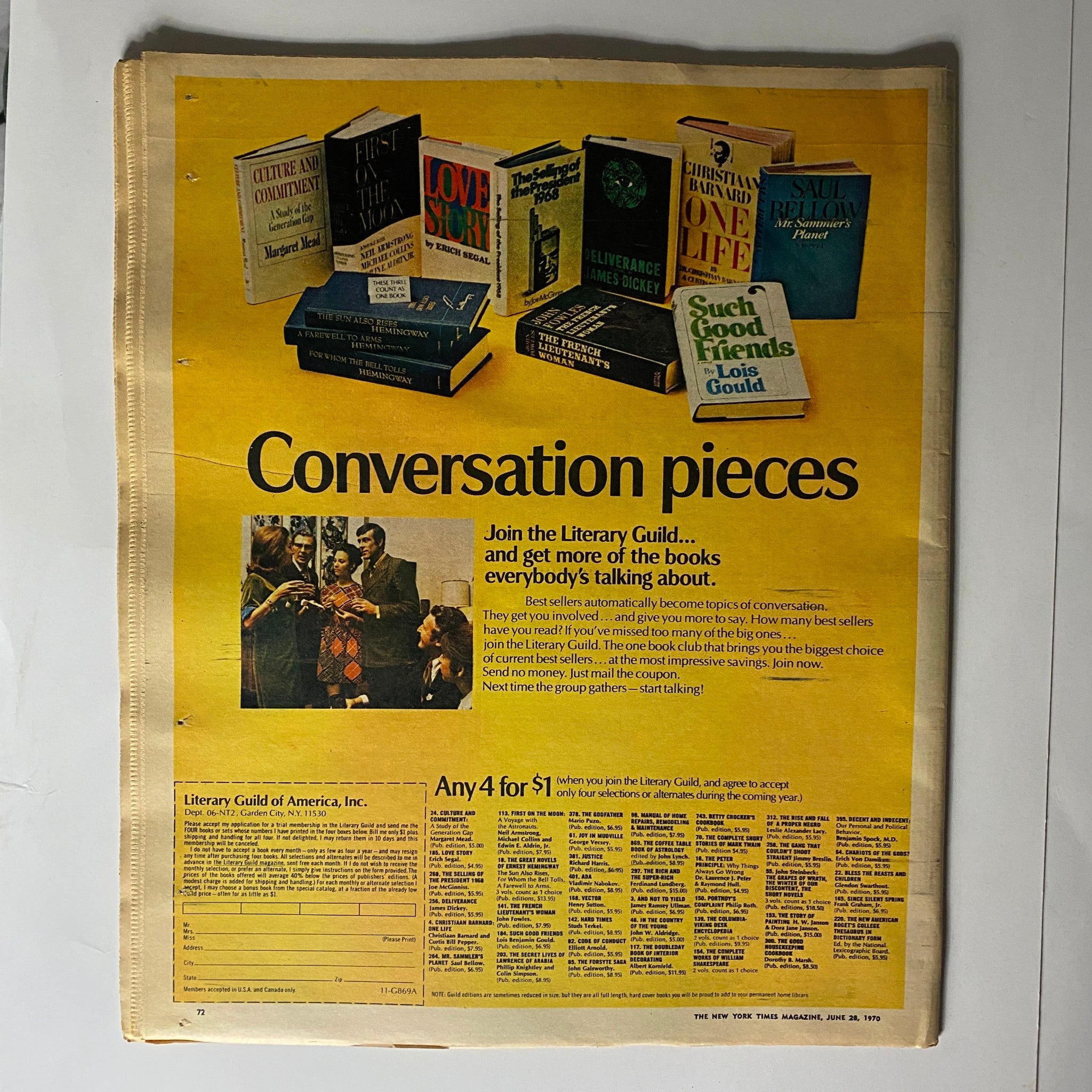 Back cover advertisement of The New York Times Magazine from June 28, 1970, promoting the Literary Guild with images of bestselling books and a group discussing books.