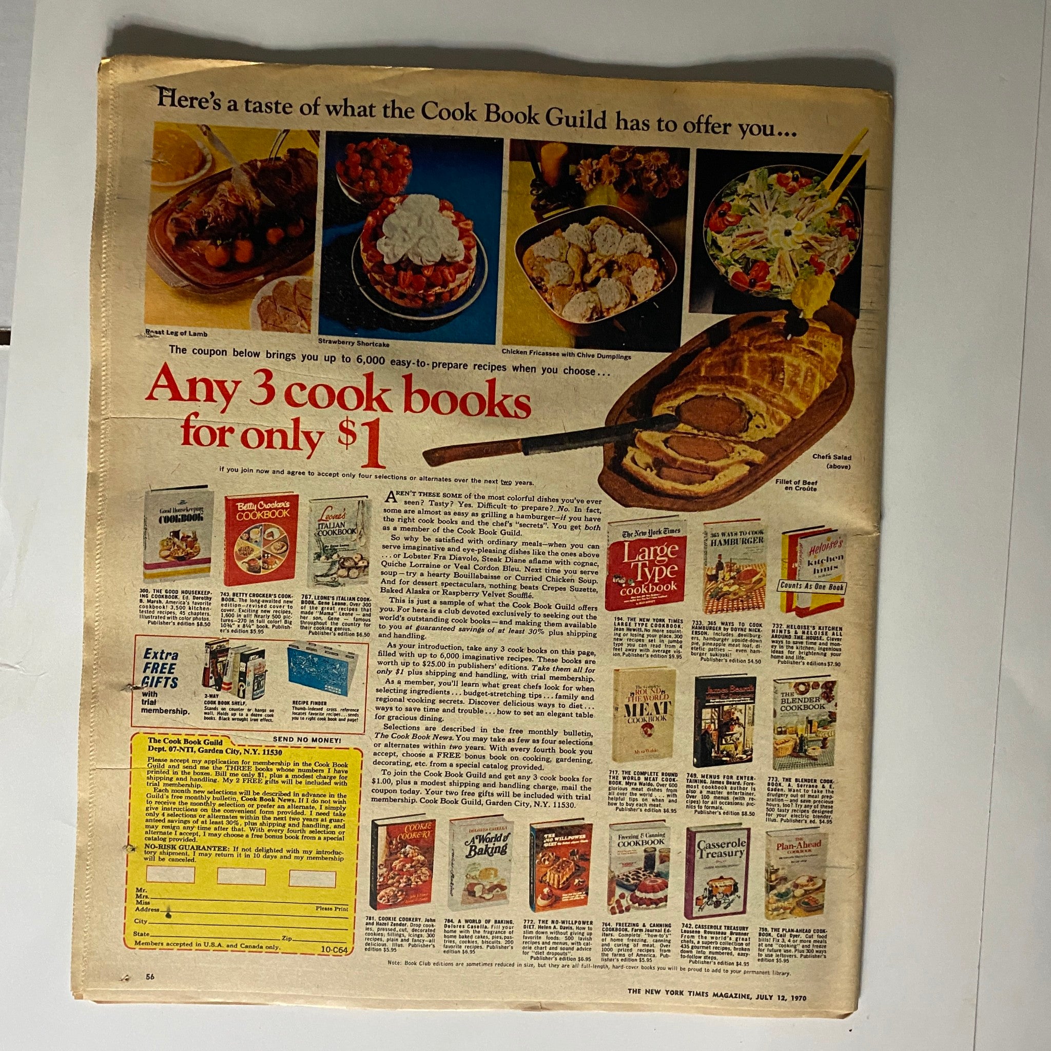 Page from The New York Times Magazine July 12 1970 displaying an advertisement for the Cook Book Guild, offering three cookbooks for only $1.