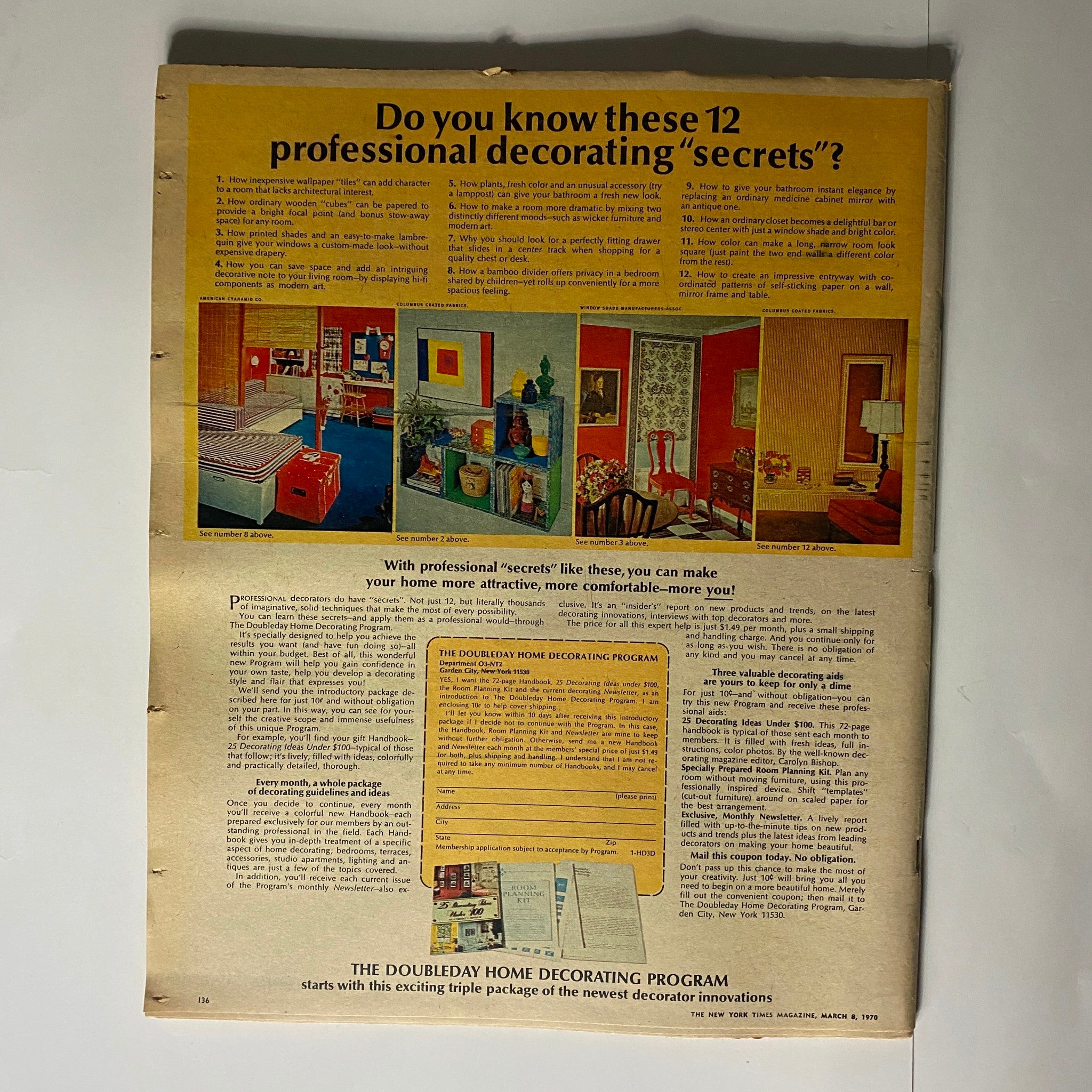 Interior advertisement page from The New York Times Magazine March 8, 1970, featuring home decorating tips and vibrant visuals.