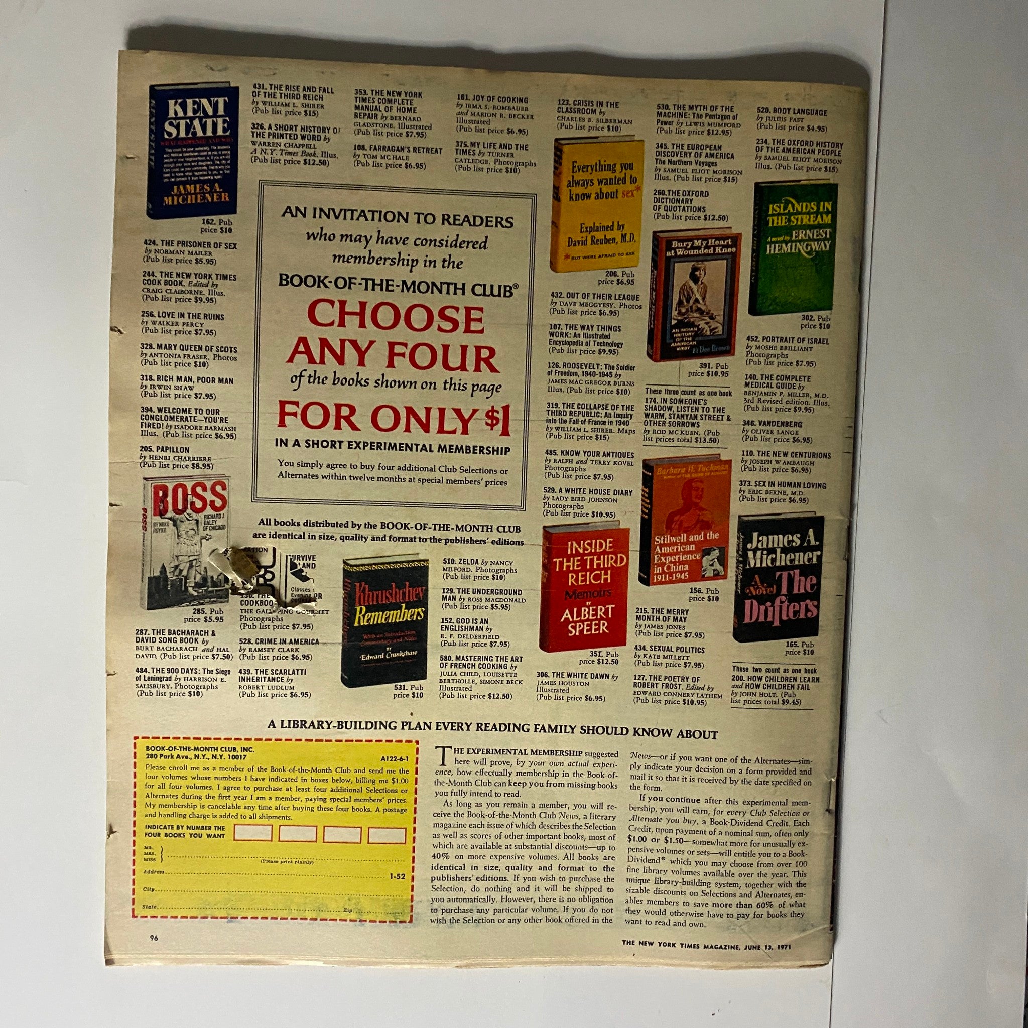 Back cover of The New York Times Magazine June 13, 1971 promoting the Book-of-the-Month Club with listings of various books available.