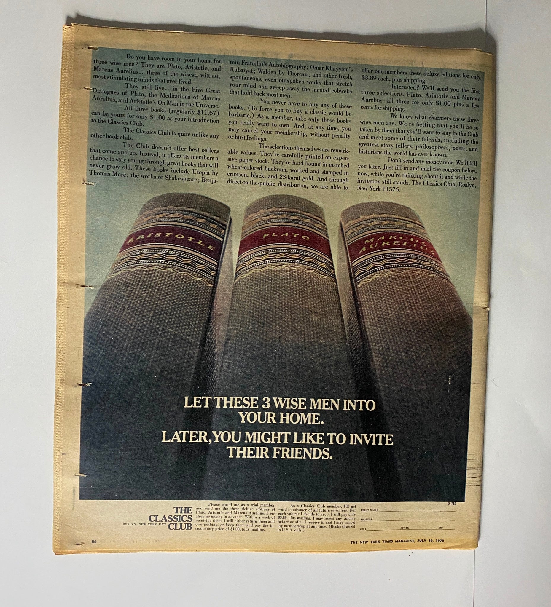 The New York Times Magazine July 19 1970 back cover advertisement for The Classics Club, displaying a stack of classic philosophy books with an inviting slogan.