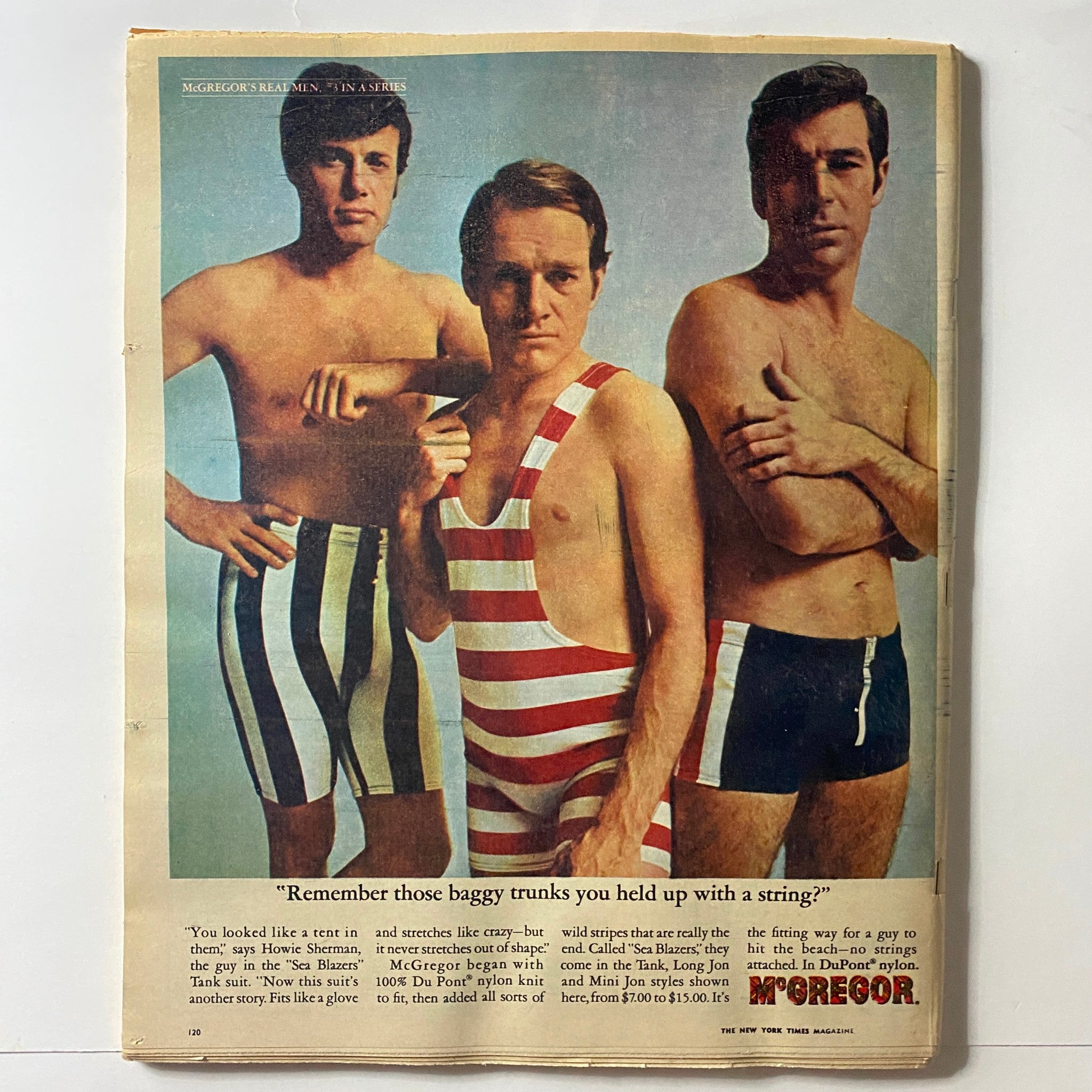 Back cover of The New York Times Magazine, May 10, 1970, showcasing three men in swimwear with the caption discussing the evolution of swim trunks, reflecting trends in men's fashion.