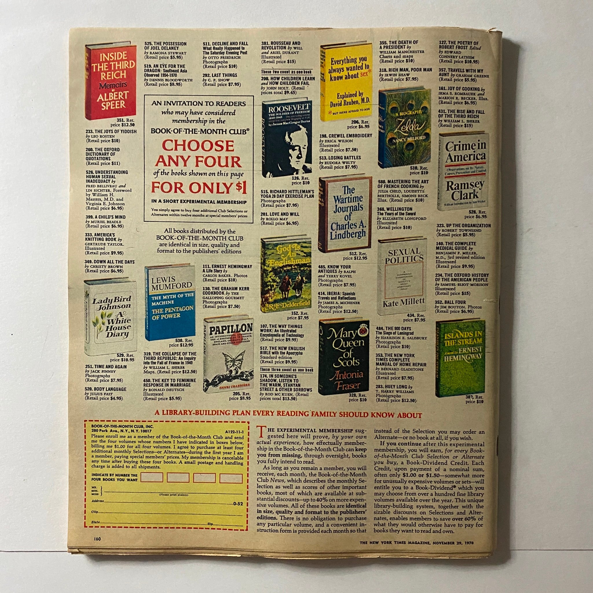 Back cover of The New York Times Magazine from November 29, 1970, displaying various book advertisements and an invitation to join the Book-of-the-Month Club.