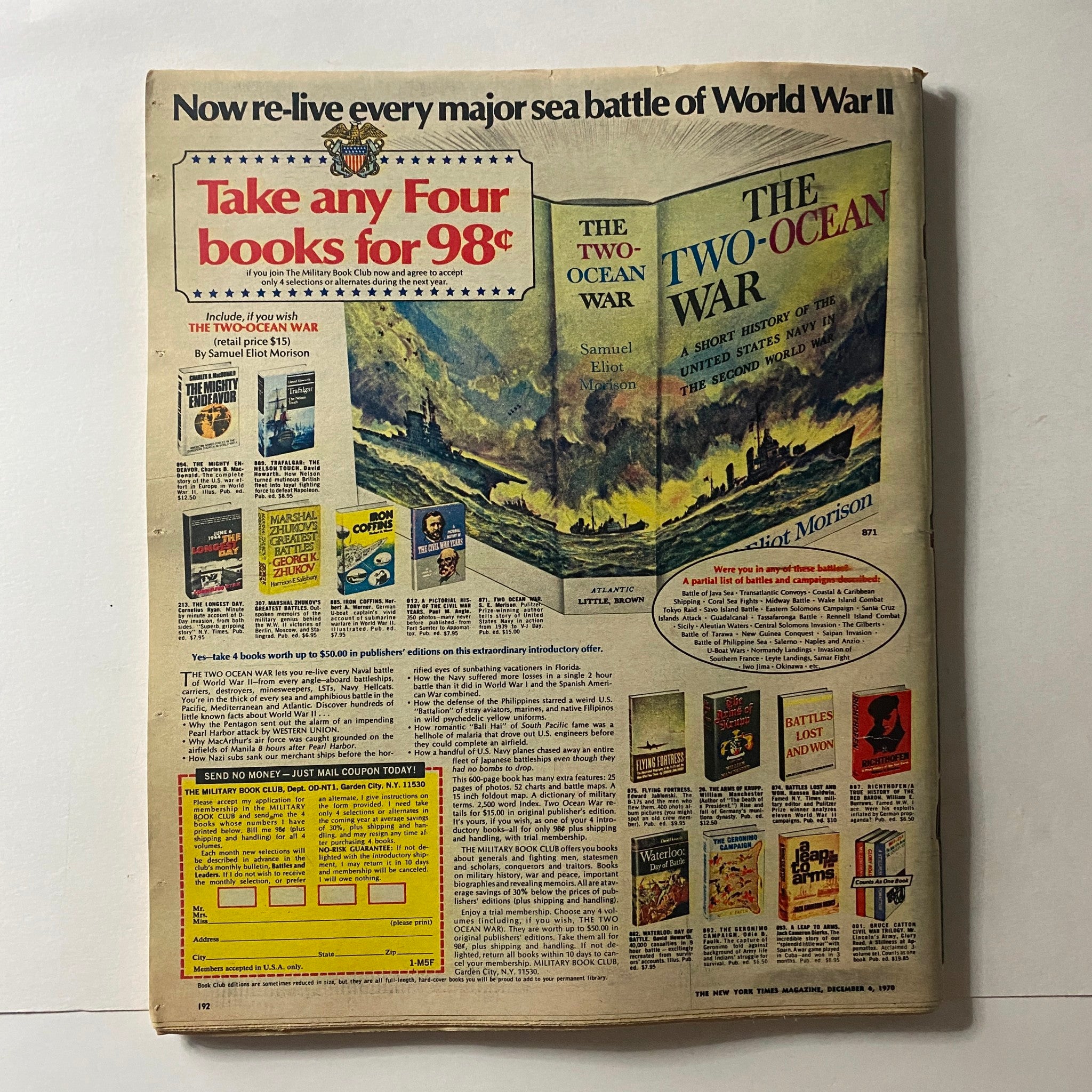 Back cover of The New York Times Magazine, December 6, 1970, promoting military books including 'The Two-Ocean War' and offering a special deal for book club members.