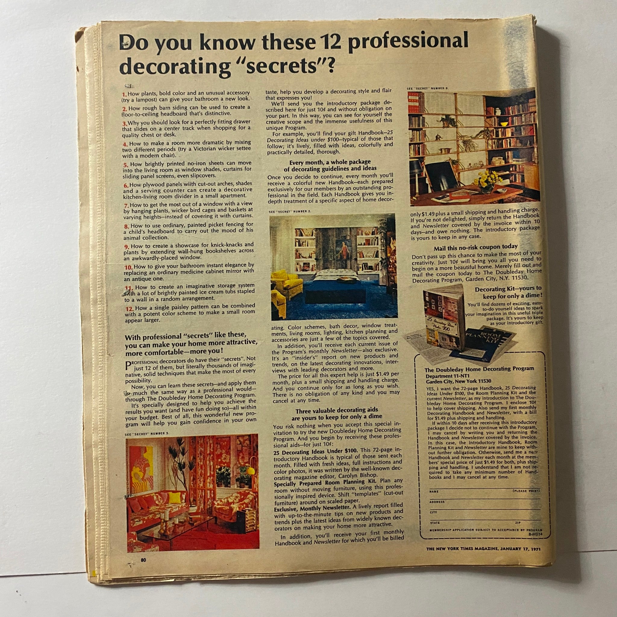 Interior page of The New York Times Magazine January 17, 1971 discussing professional decorating secrets with images of stylish interiors.