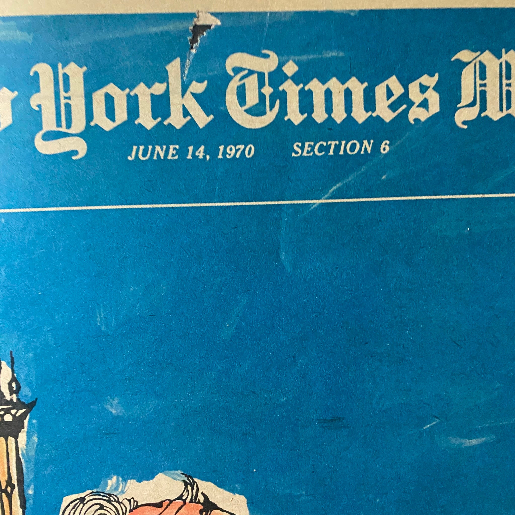 Close-up of the top section of The New York Times Magazine June 14, 1970, showcasing the publication title and date with a blue background.