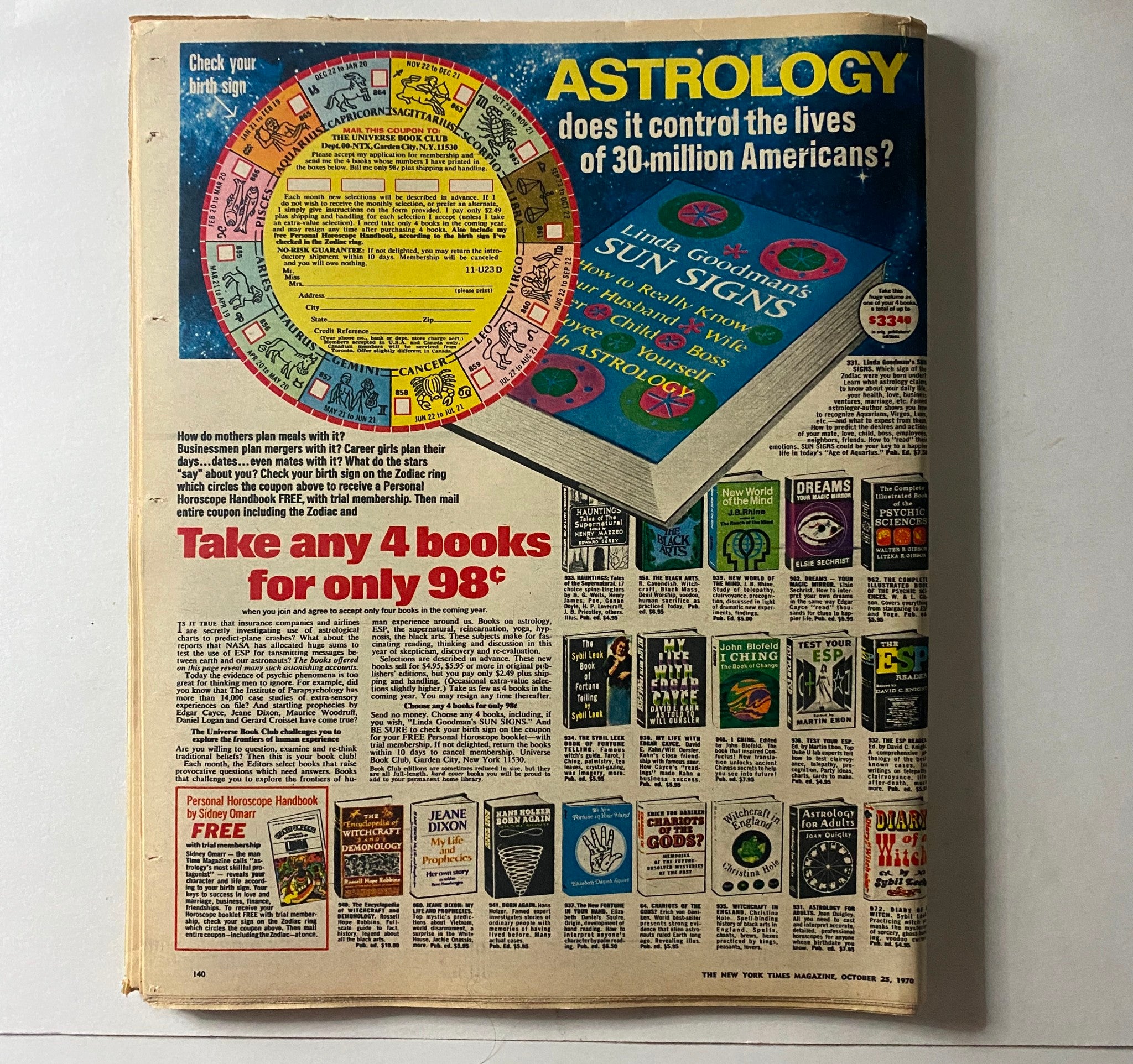 The New York Times Magazine October 25 1970, back cover advertisement discussing astrology, featuring vibrant graphics and text aiming to attract readers to consider their Zodiac signs and astrology books.