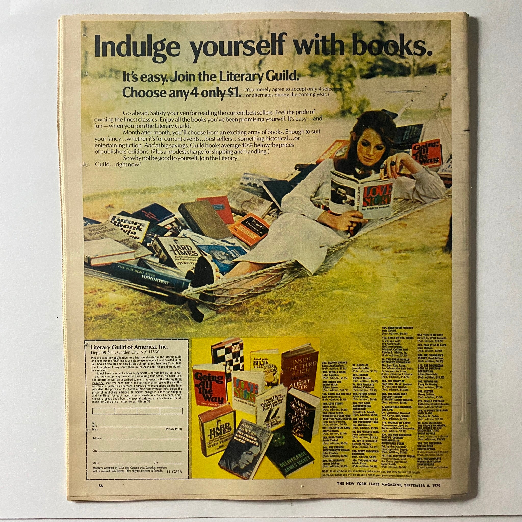 Back cover of The New York Times Magazine, September 6, 1970, showcasing an advertisement for the Literary Guild, featuring a woman reading among a collection of books.