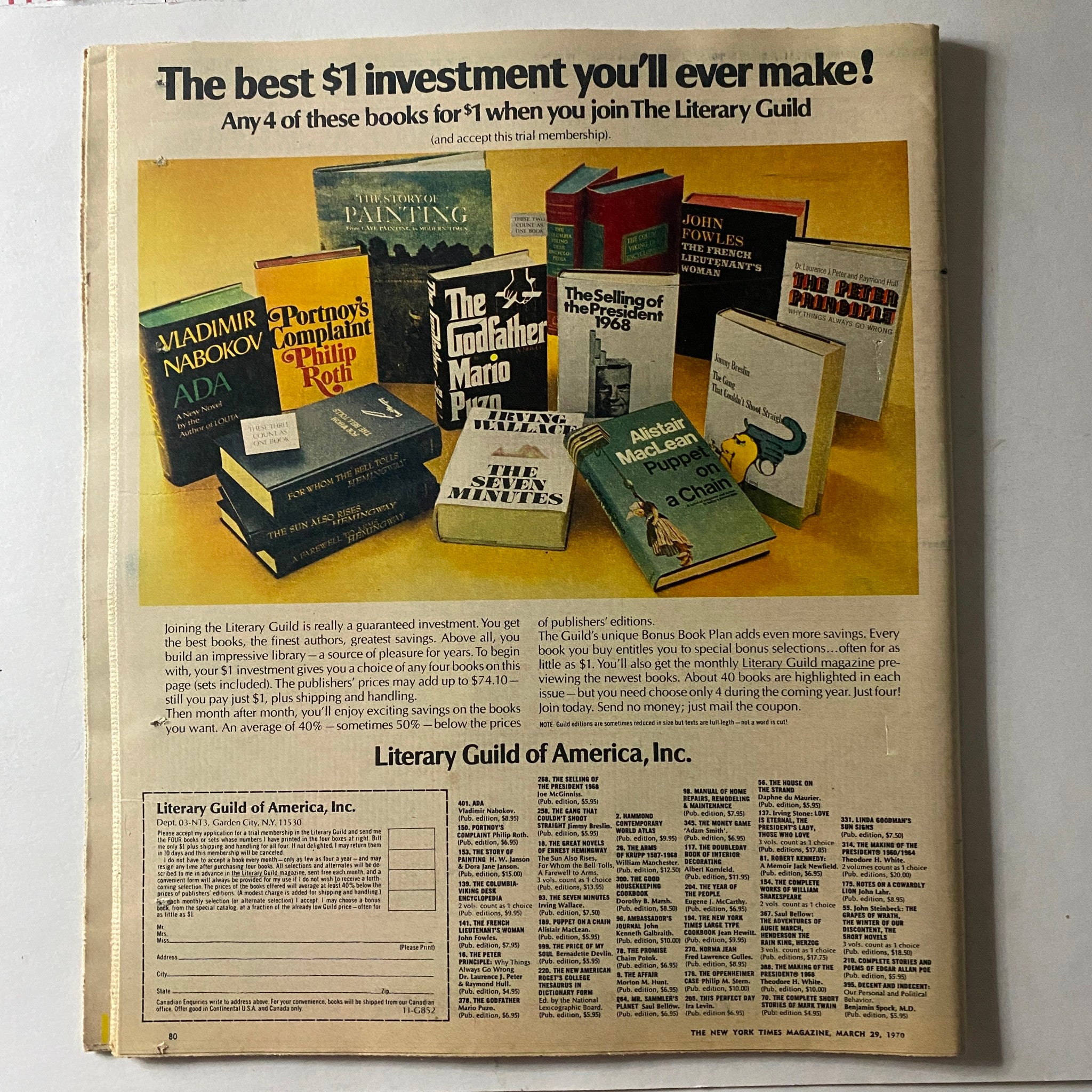 Back advertisement page of The New York Times Magazine March 29, 1970, promoting the Literary Guild membership with featured book titles and offers.