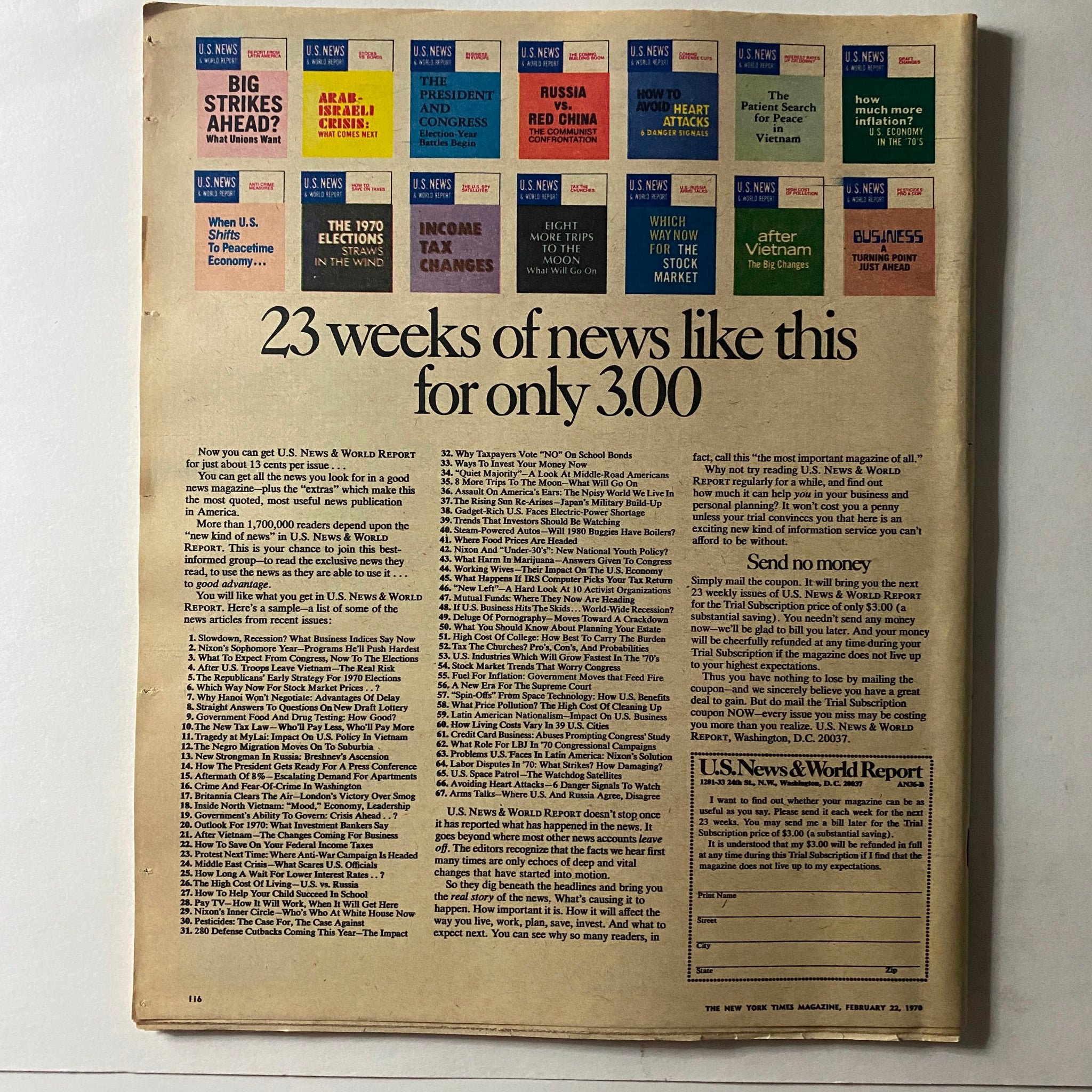 The New York Times Magazine February 22 1970 back cover displaying an advertisement for U.S. News & World Report, highlighting a subscription offer and addressing current events.