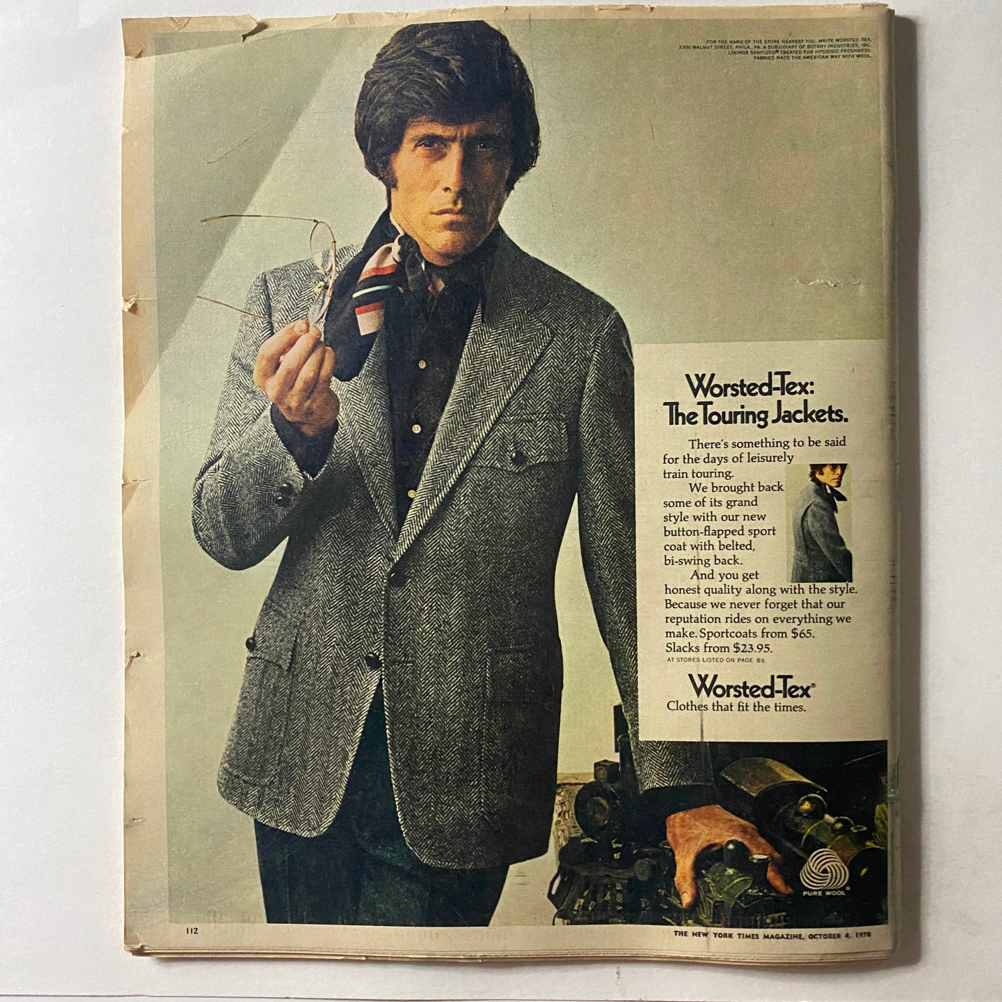 Back cover of The New York Times Magazine from October 4, 1970, featuring a fashion advertisement for Worsted-Tex jackets, displaying styles from that era.