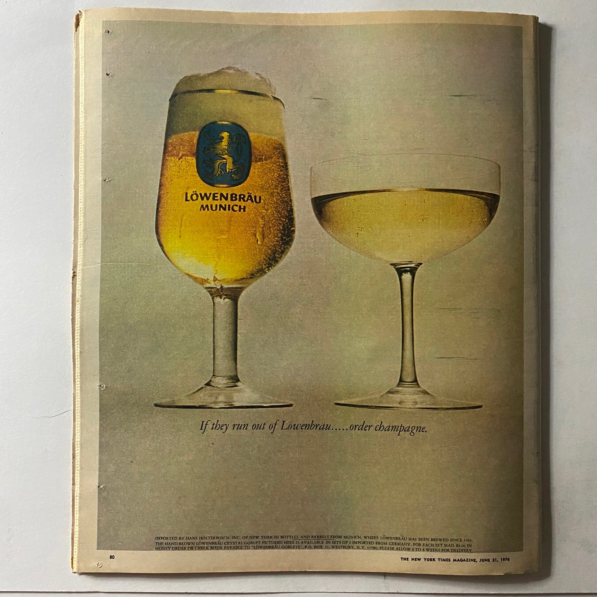 The New York Times Magazine June 21 1970 advertisement for Löwenbräu beer, displaying a glass of beer and a champagne coupe.