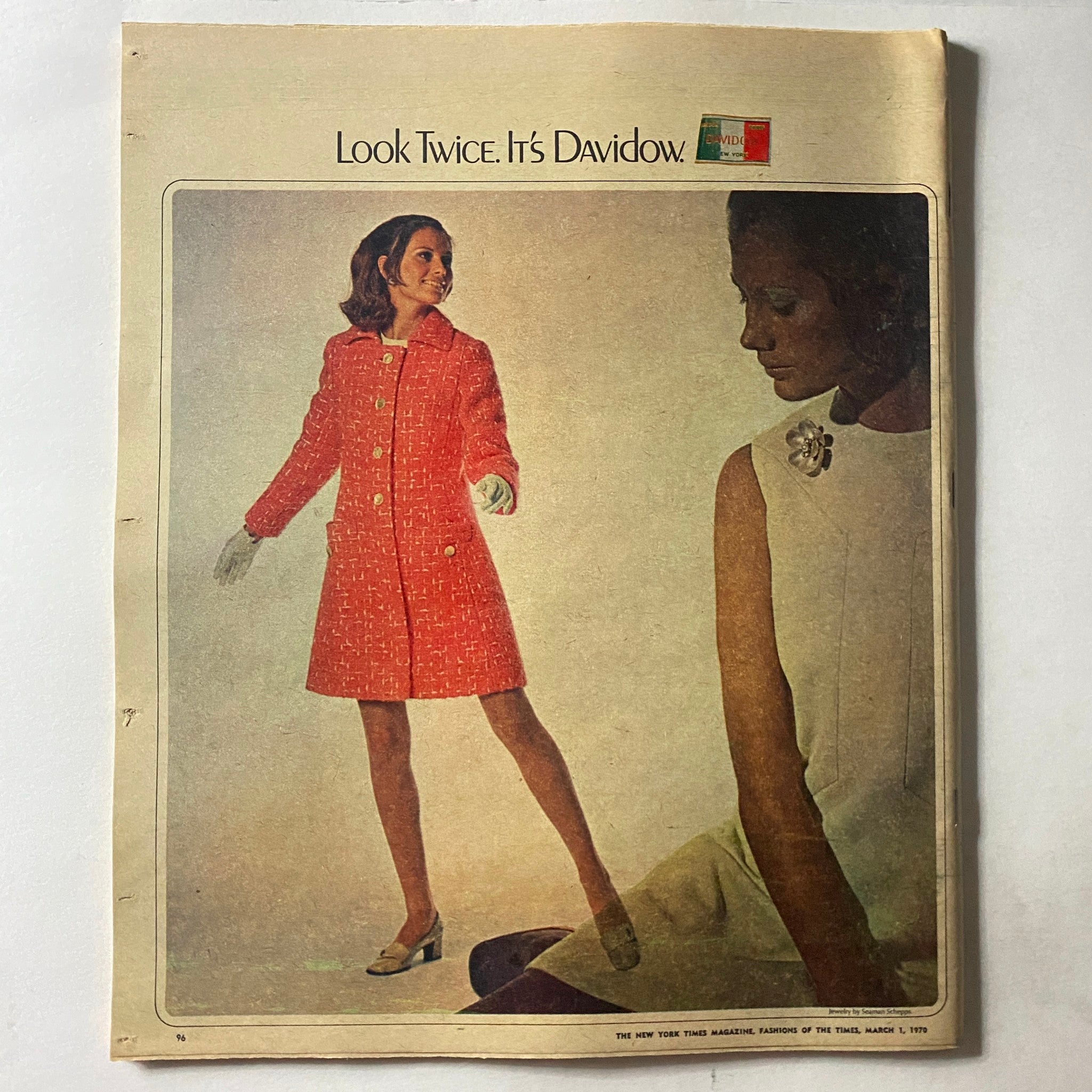Cover image of The New York Times Magazine, March 1, 1970, featuring a fashion spread titled 'Look Twice. It’s Davidow.' showcasing a model in a vibrant red coat and stylish accessories, representing 1970s fashion trends.