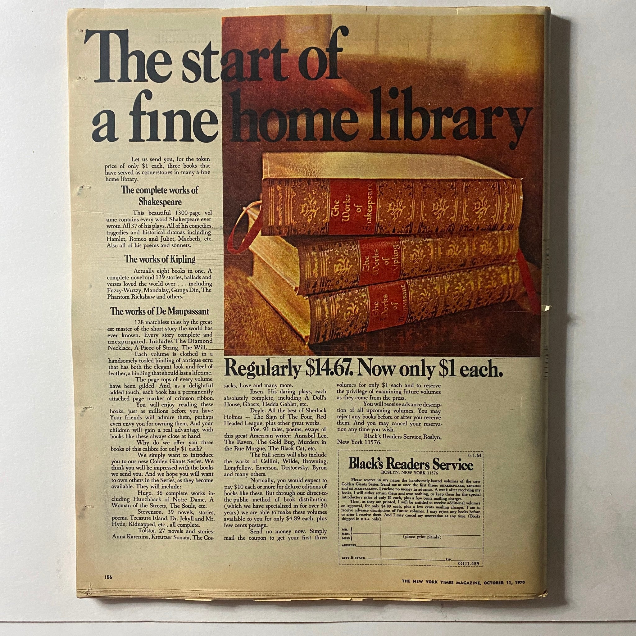 Back cover of The New York Times Magazine October 11, 1970, promoting a home library package with classic literary works offered at a discounted price.