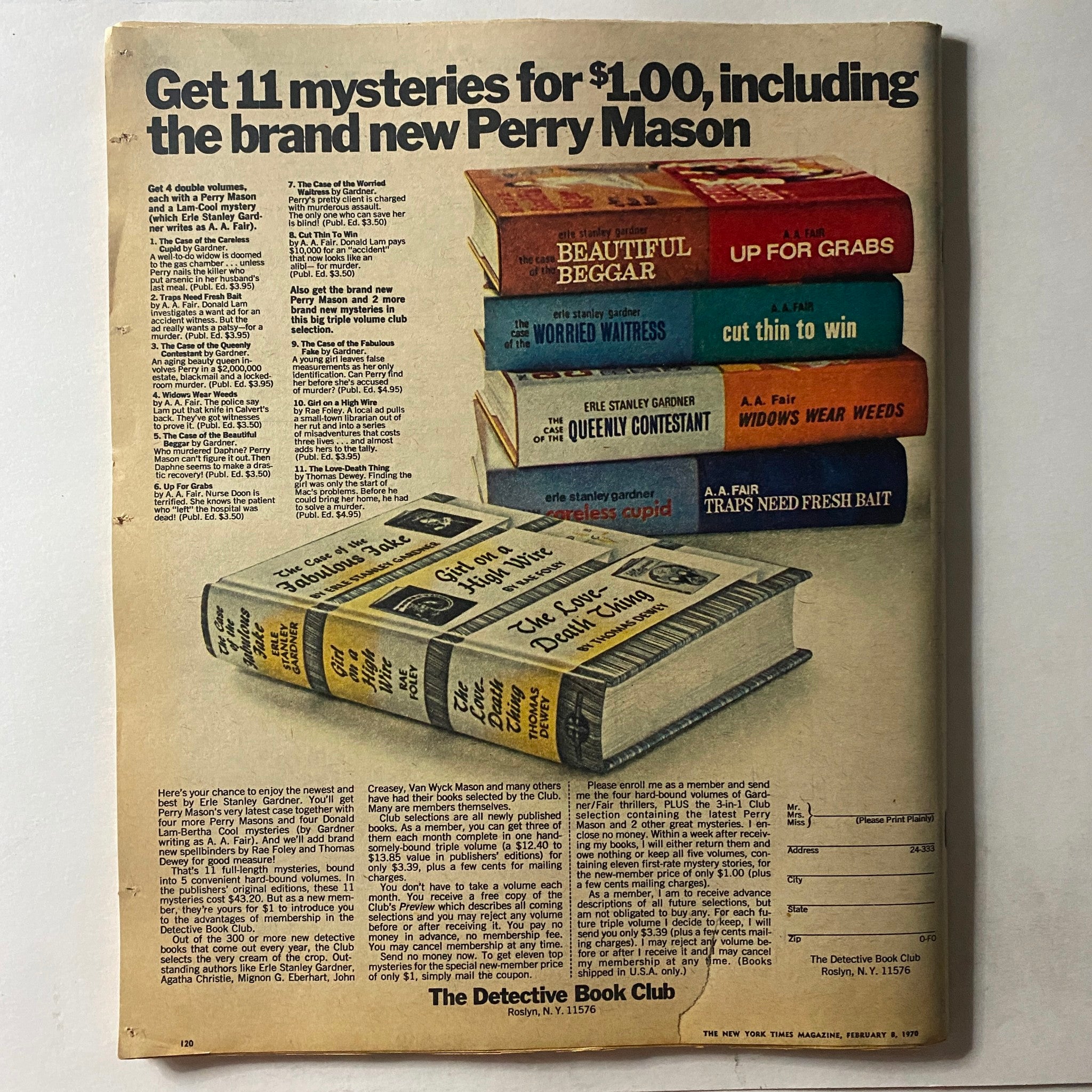 Back cover of The New York Times Magazine February 8, 1970, showcasing an advertisement for the Detective Book Club with stacks of mystery novels.