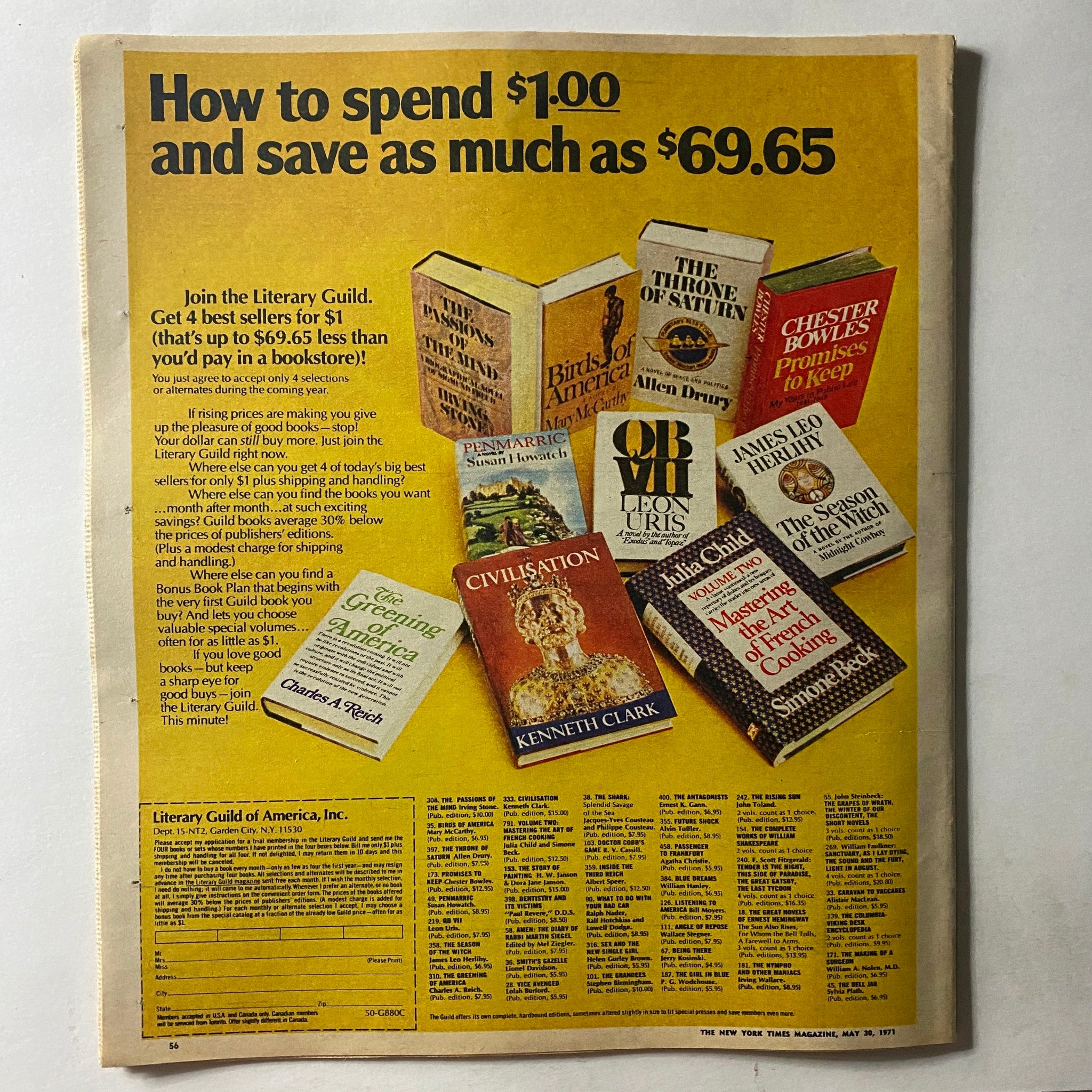 The New York Times Magazine May 30 1971 advertisement showcasing book offers from the Literary Guild, promoting savings on best sellers and inviting readers to join for exclusive deals.