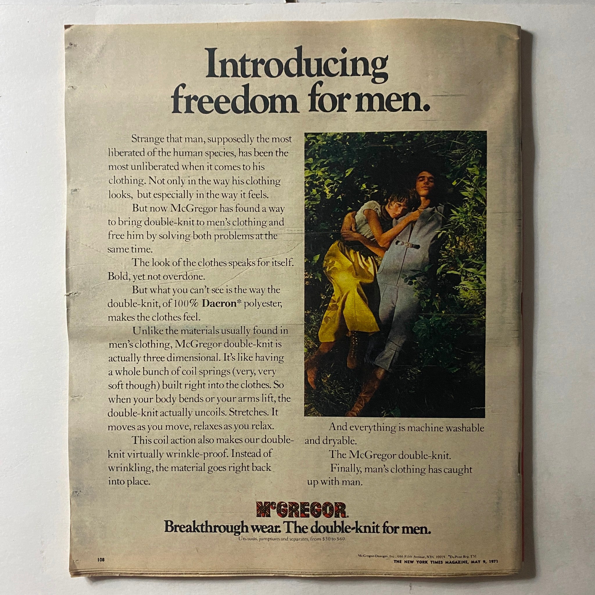 Page from The New York Times Magazine May 9, 1971, showcasing an advertisement for McGregor double-knit men's clothing, highlighting comfort and style.