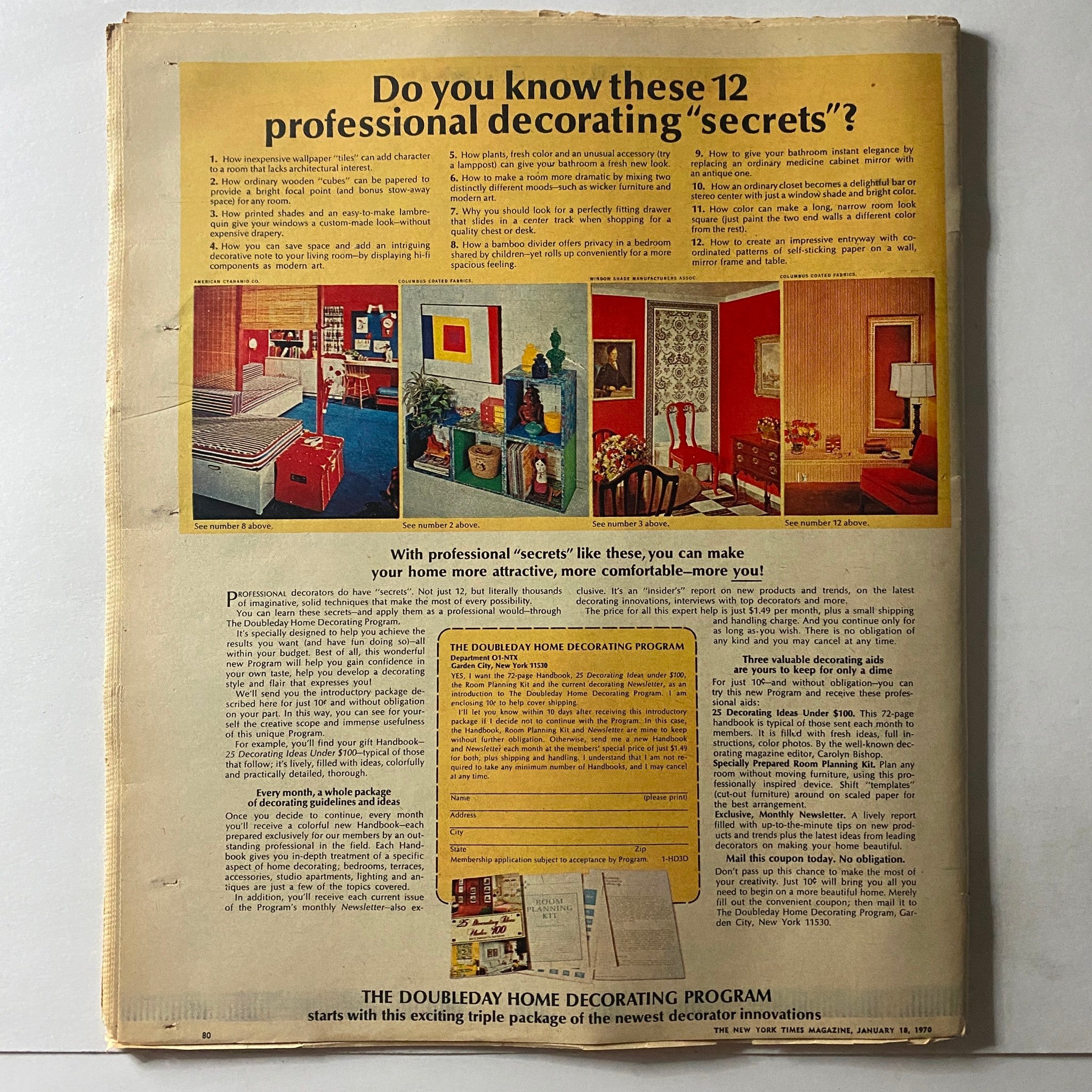 The New York Times Magazine January 18 1970 back cover showcasing home decorating tips with visual examples, emphasizing the magazine's blend of politics and lifestyle content.