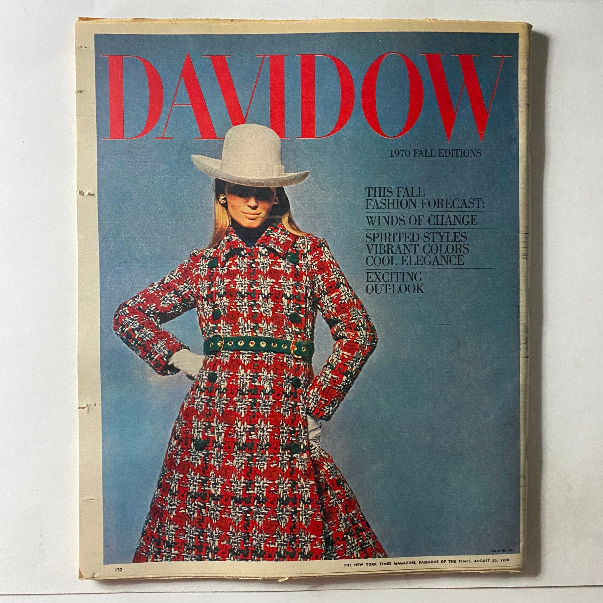 Cover of The New York Times Magazine August 30 1970 featuring a woman in fashionable attire with a red patterned coat and wide-brimmed hat, highlighted in the fashion section titled 'Fashions of The Times'.