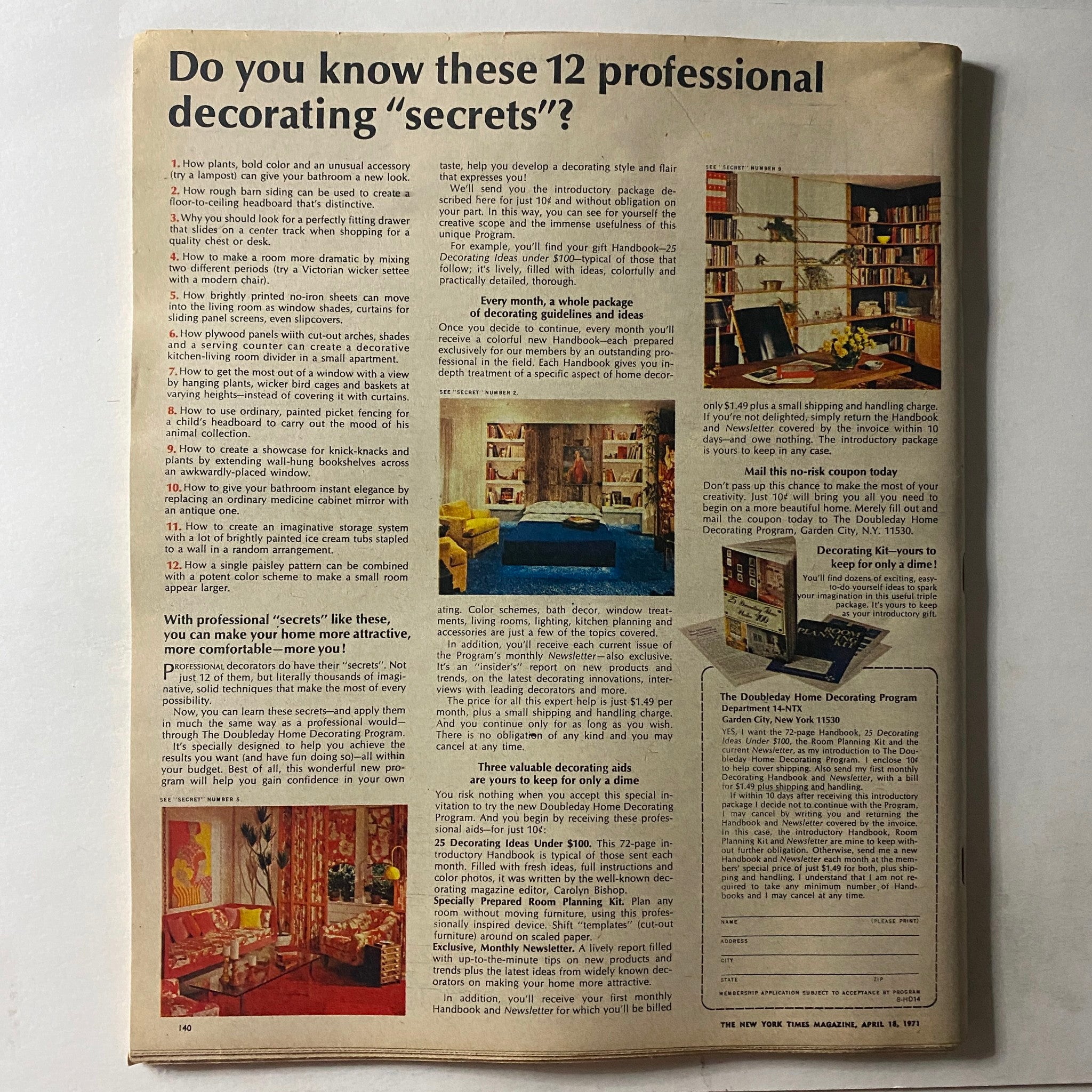 Page from The New York Times Magazine, April 18, 1971, displaying tips under the heading 'Do you know these 12 professional decorating secrets?', showcasing interior design advice with colorful illustrations.