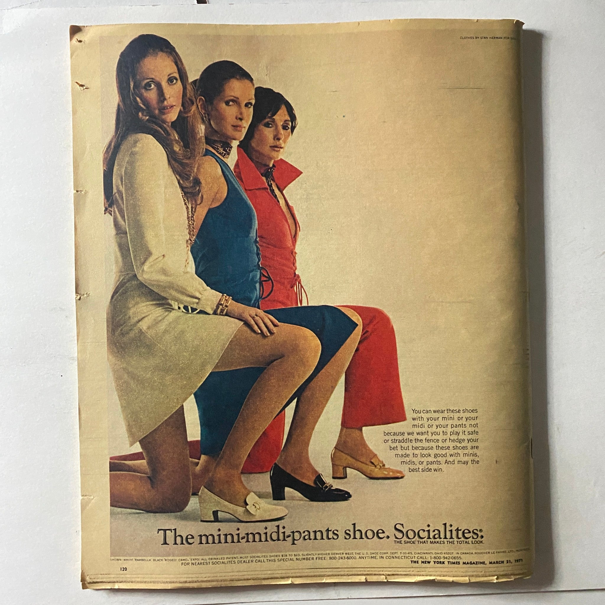 Image from The New York Times Magazine dated March 21, 1971, featuring three women modeling fashion, showcasing the mini-midi-pants shoe style in vibrant dresses.