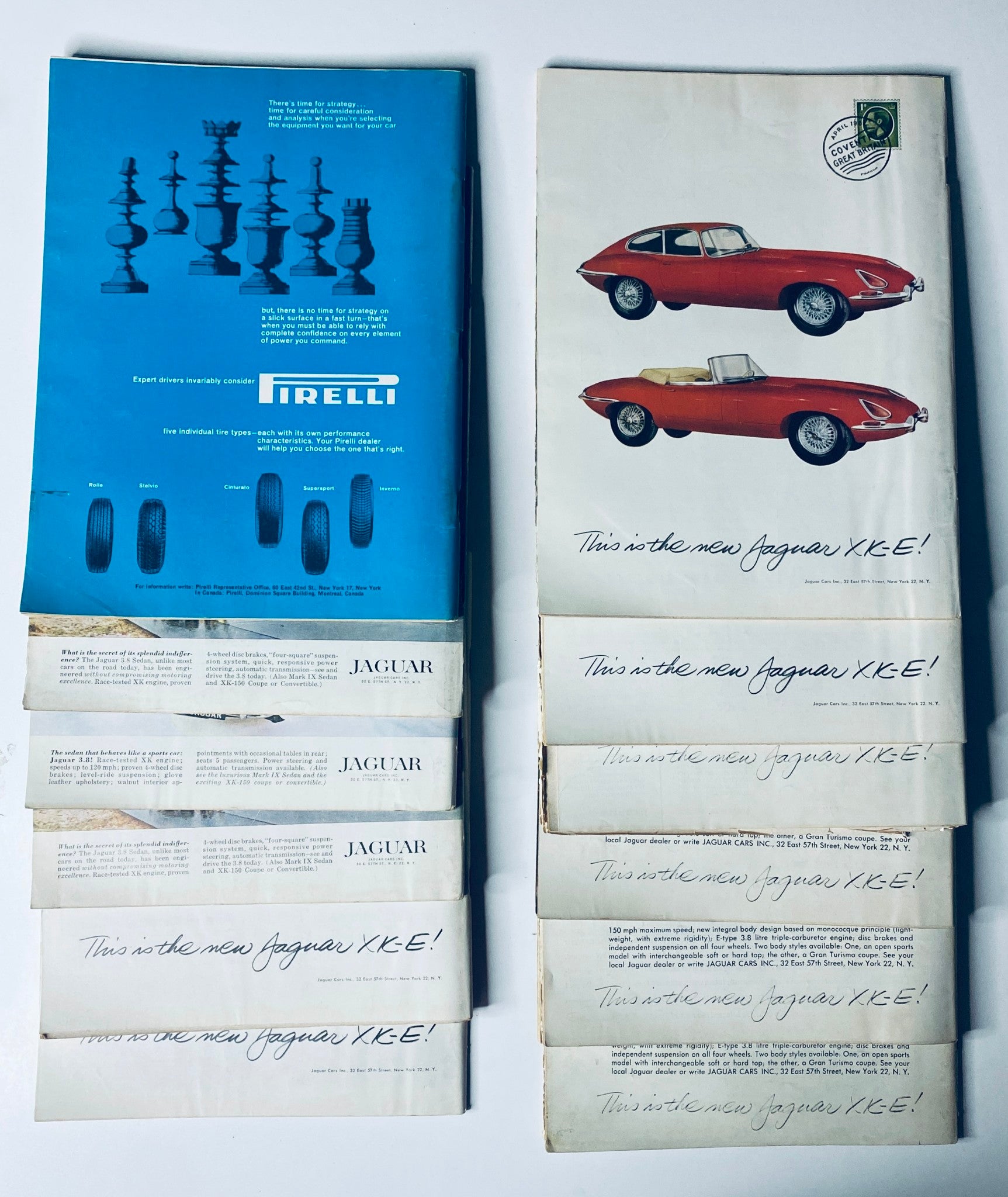 Pirelli advertisement and Jaguar promotional material showcasing the new Jaguar XKE, part of the lot of 12 Road & Track Magazines 1961 February–December + Road Test Annual Set.