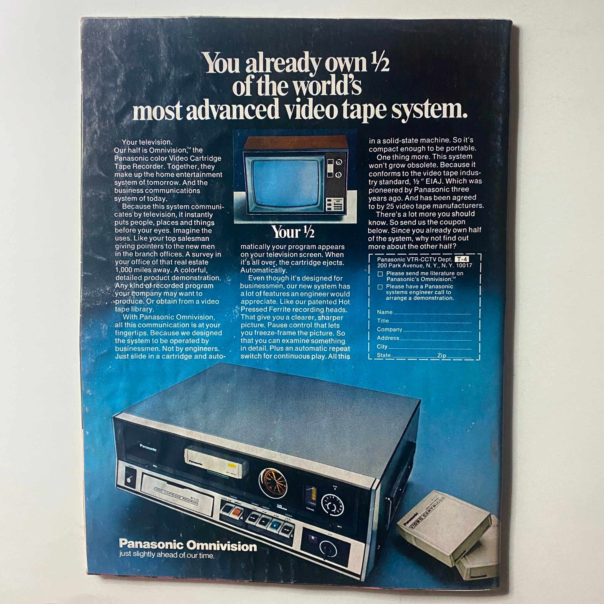 Back cover of a Panasonic Omnivision advertisement showcasing the world's advanced video tape system, relevant to the technology of the 1970s.