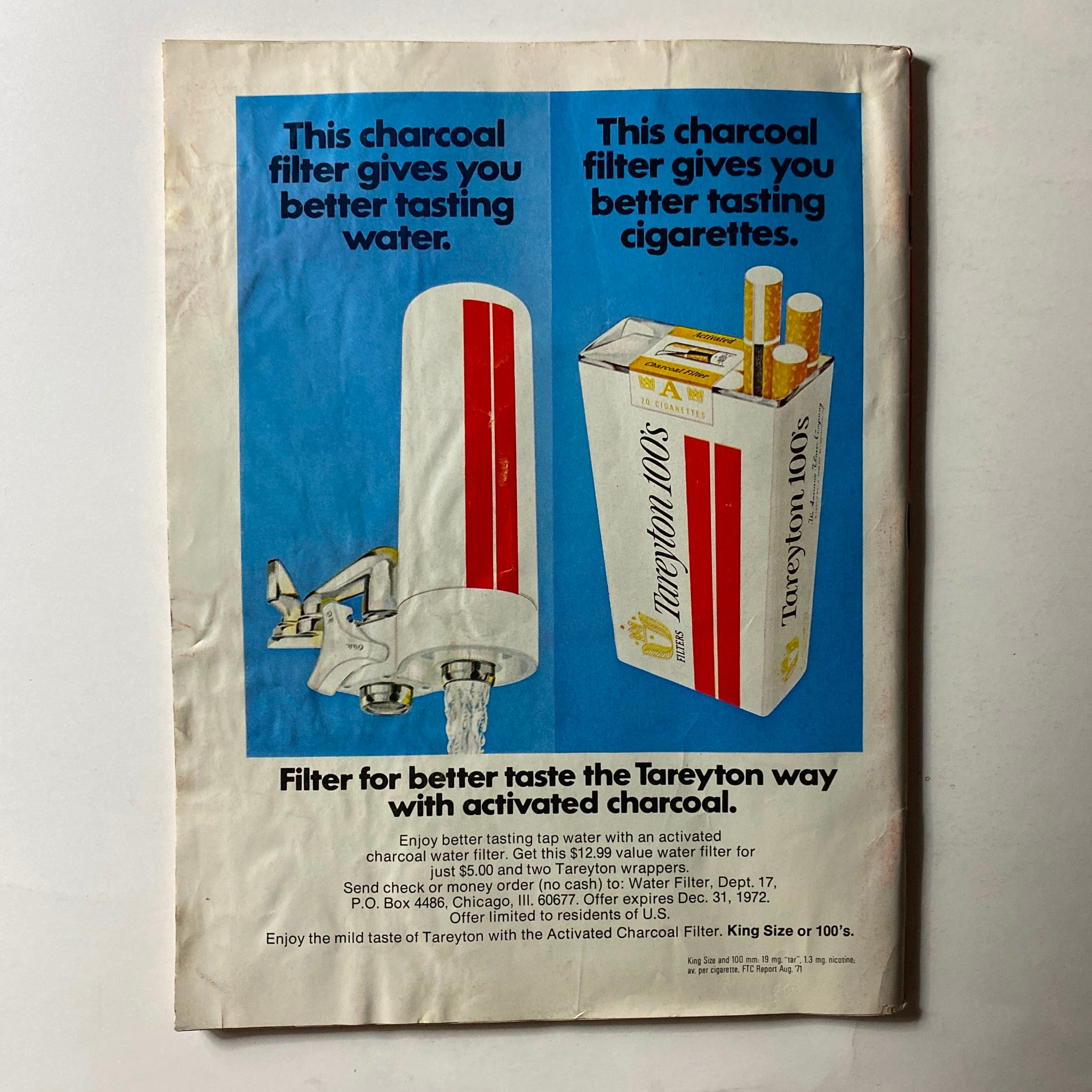 Back cover of VTG Time Magazine March 27 1972 featuring an advertisement for Tareyton cigarettes and a water filter, reflecting marketing trends of the early 1970s.