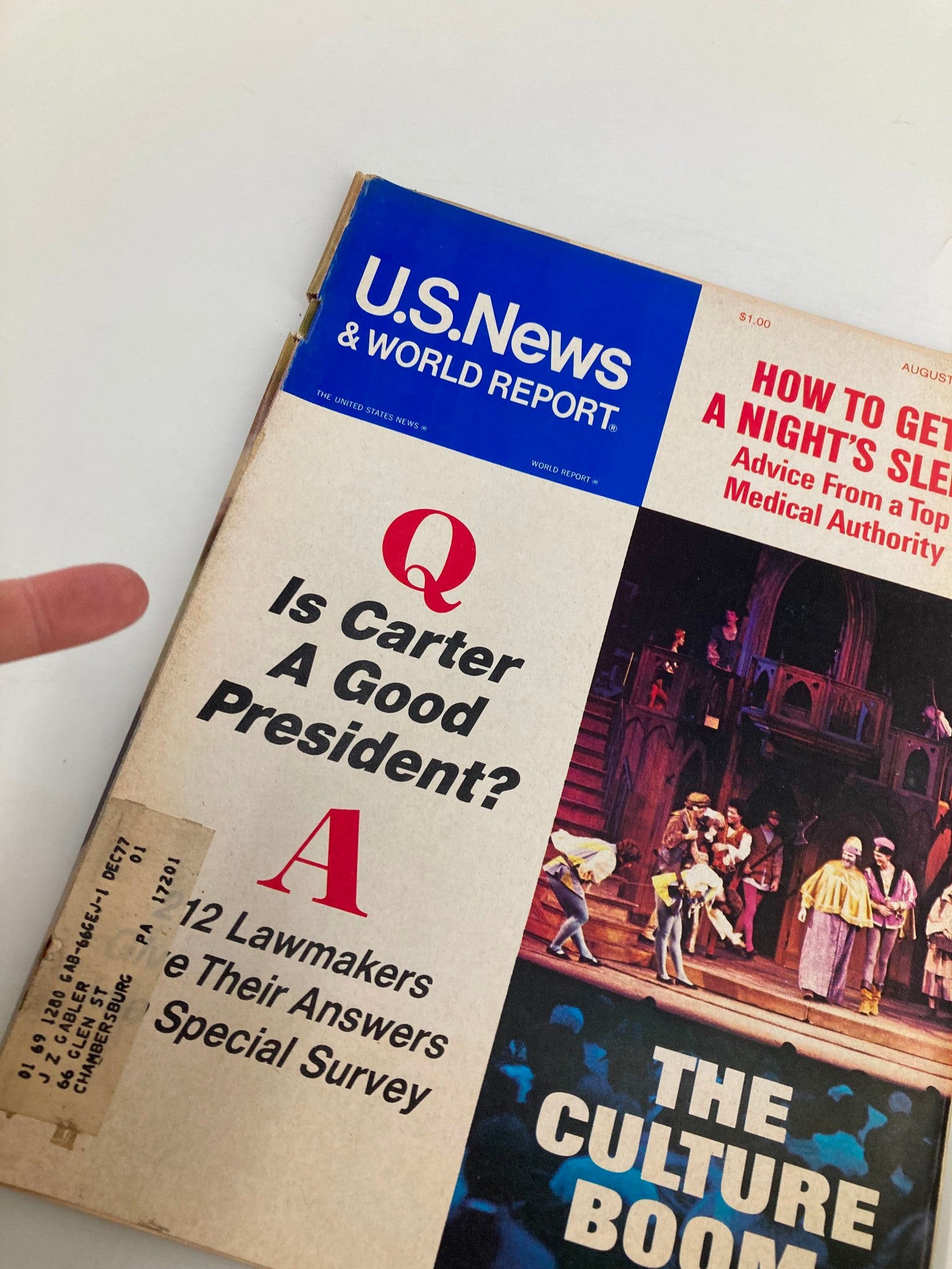 Close-up of the cover of US News & World Report Magazine August 8, 1977 with the question 'Is Carter A Good President?' highlighted, alongside theatrical imagery and magazine details.