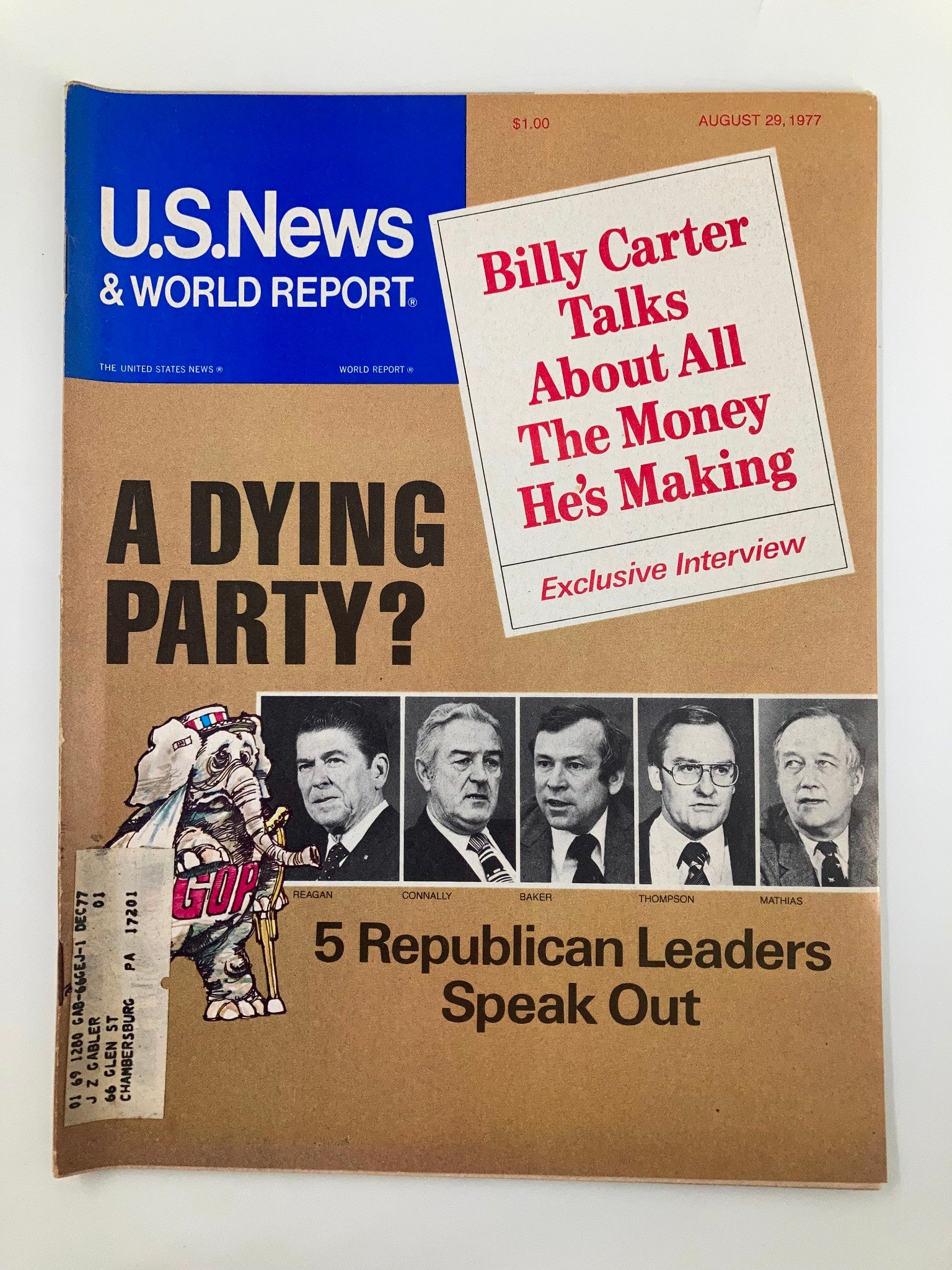 Cover of US News & World Report Magazine dated August 29, 1977, featuring the headline '5 Republican Leaders Speak Out' highlighting significant political figures and discussions on the Republican party's challenges.