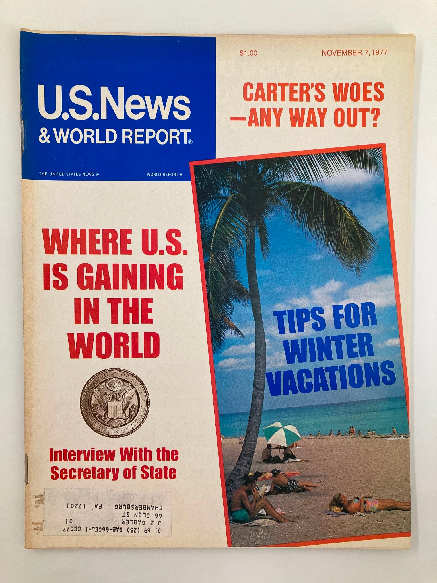 Cover of US News & World Report Magazine dated November 7, 1977, featuring the headline 'Carter's Woes - Any Way Out?' with images of a beach, palm trees, and people enjoying winter vacations.