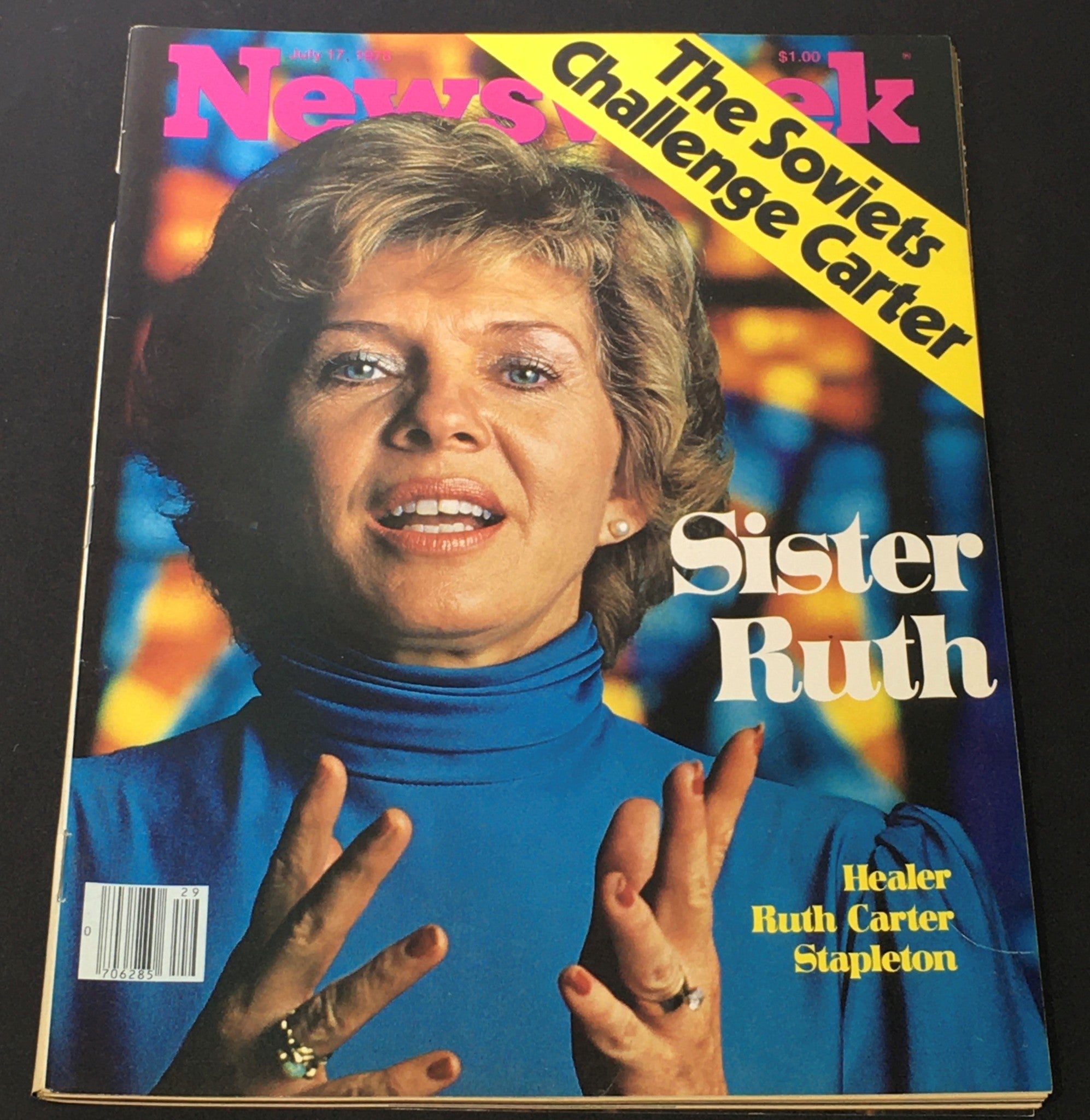 Vintage Newsweek Magazine cover from July 17, 1978 featuring healer Ruth Carter Stapleton, showcasing her in a blue turtleneck against a colorful background, with the headlines 'Sister Ruth' and 'The Soviets Challenge Carter' prominently displayed.