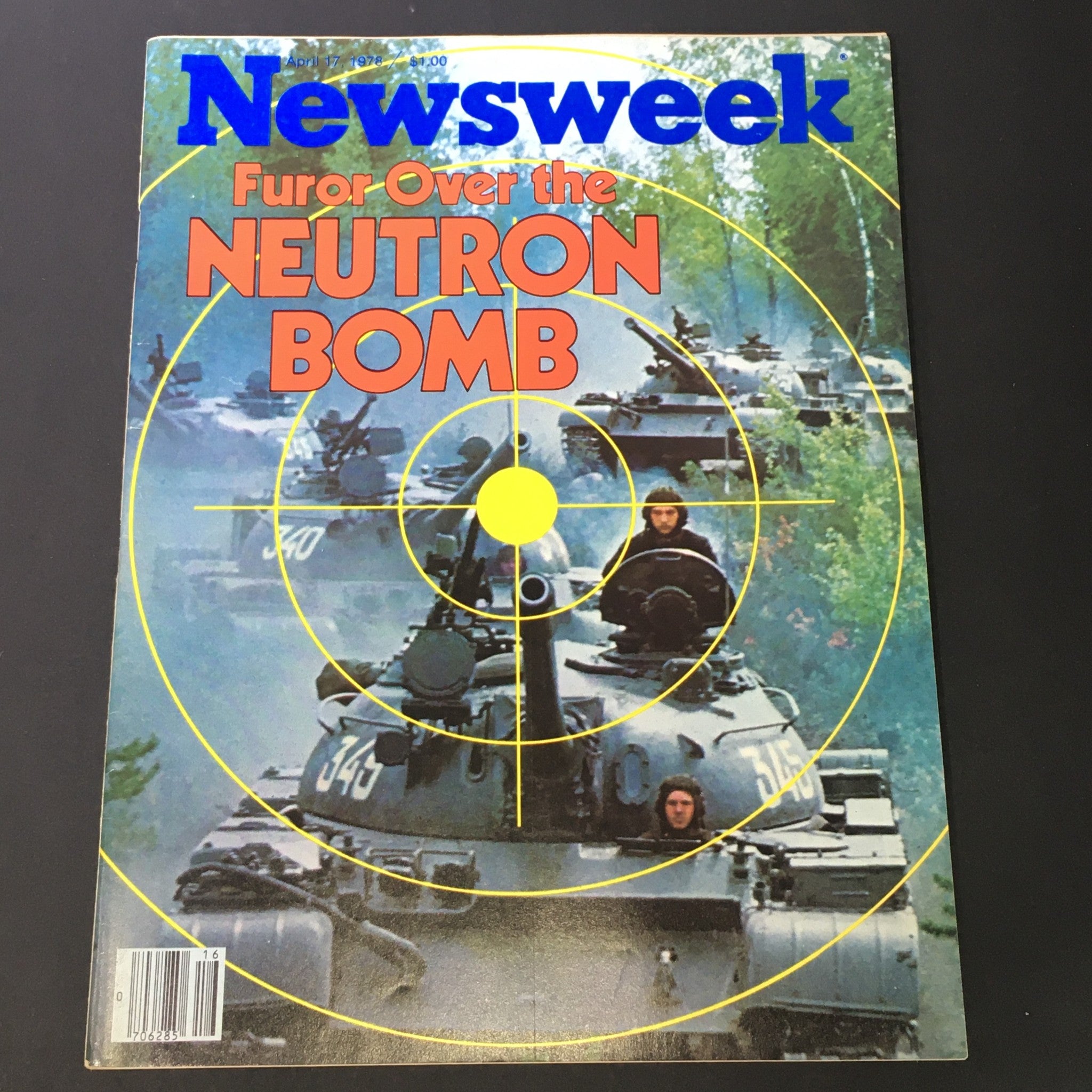 VTG Newsweek Magazine April 17 1978 cover featuring the headline 'Furor Over the Neutron Bomb' with a graphic of military tanks and a targeting reticle.