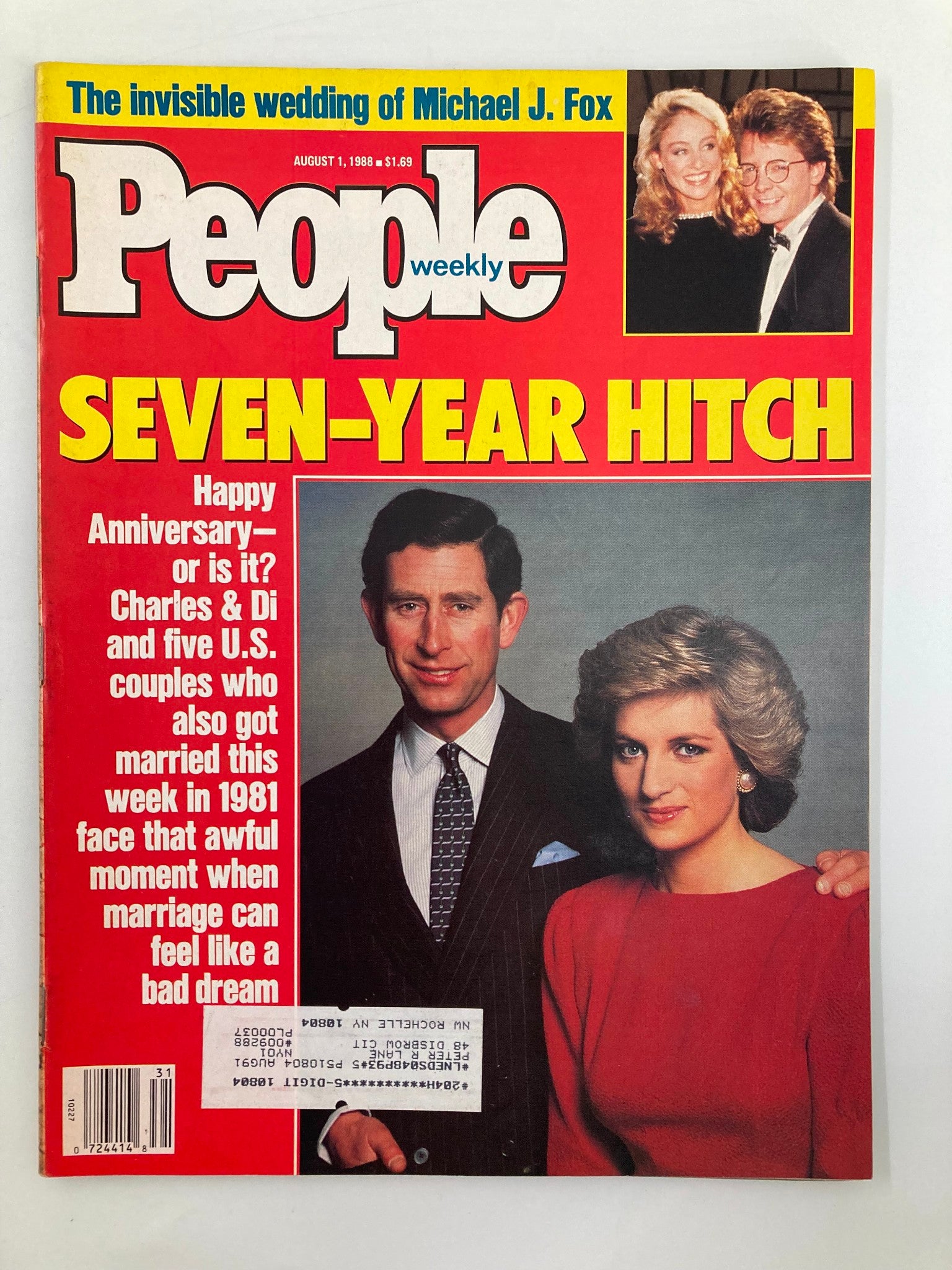 Cover of People Weekly magazine from August 1, 1988 featuring Prince Charles and Princess Diana, highlighting their relationship with the headline 'Seven-Year Hitch.' The magazine includes stories related to royal life and their public appearances.