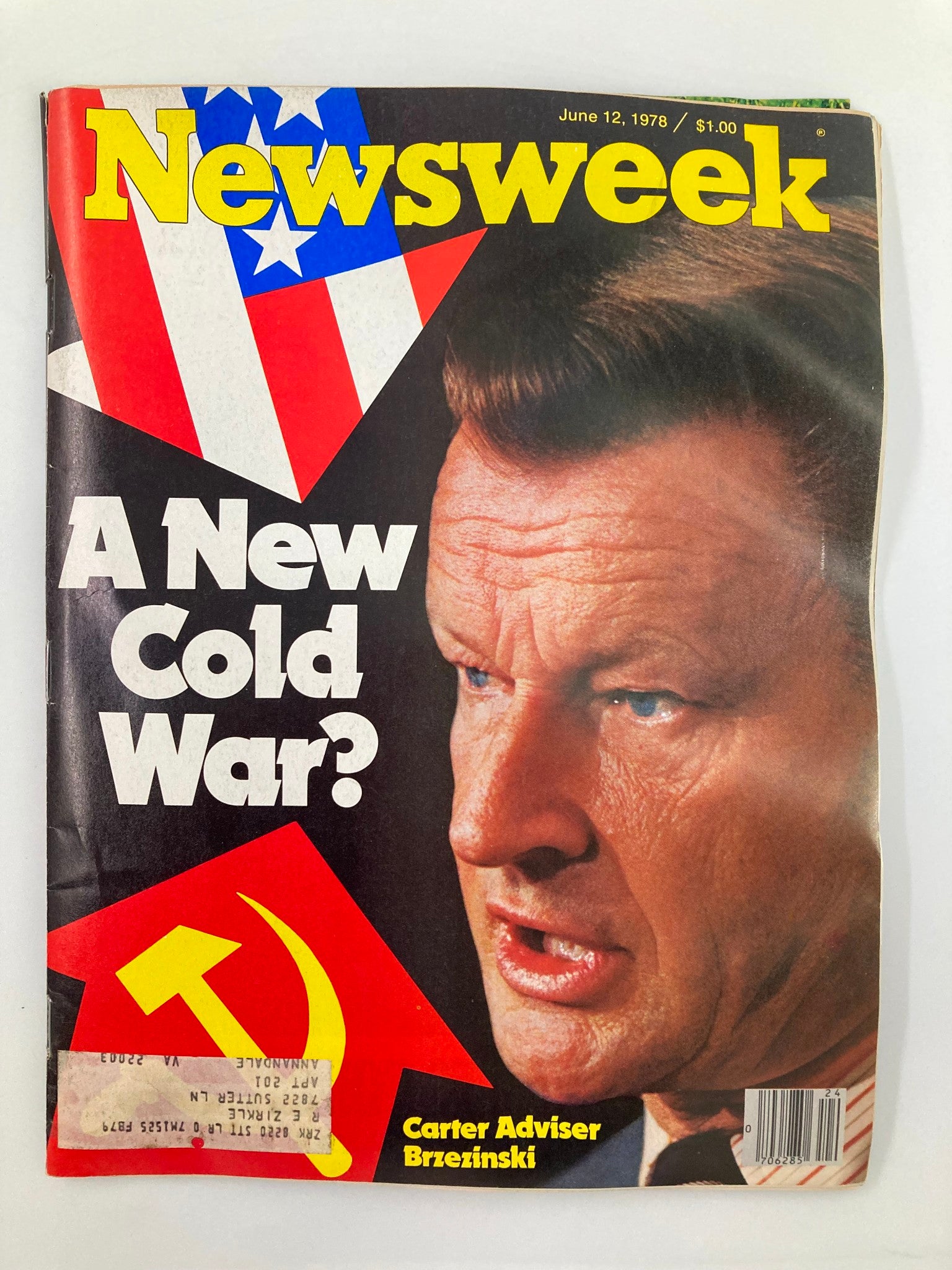 Vintage Newsweek Magazine from June 12, 1978 featuring a cover story titled 'A New Cold War?' with Zbigniew Brzezinski, an adviser to President Carter, illustrated against a backdrop of the US flag and Soviet symbol.
