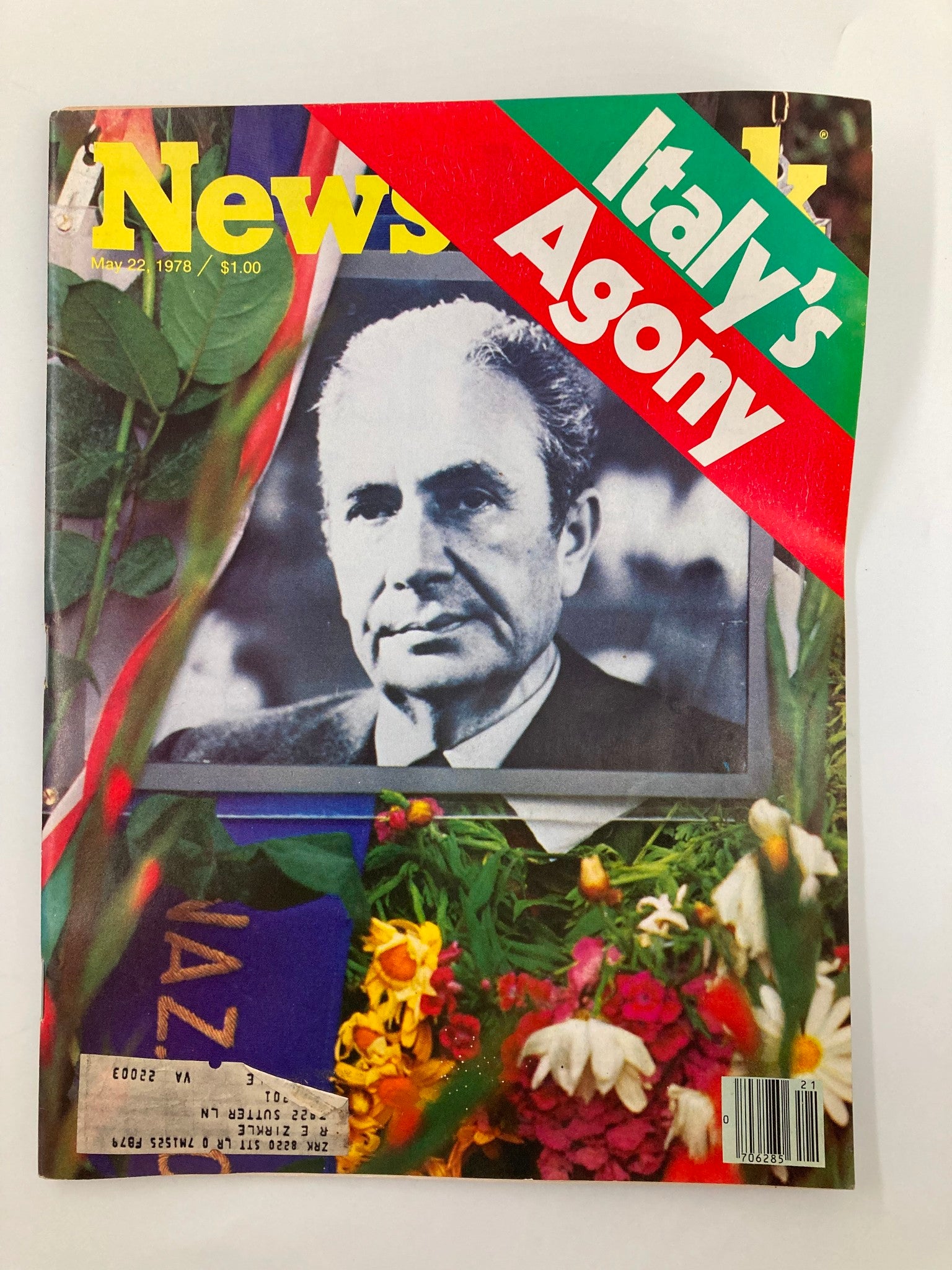 Cover of vintage Newsweek magazine dated May 22, 1978, featuring the headline 'Italy's Agony' with a prominent image of Aldo Moro, reflecting on his assassination.
