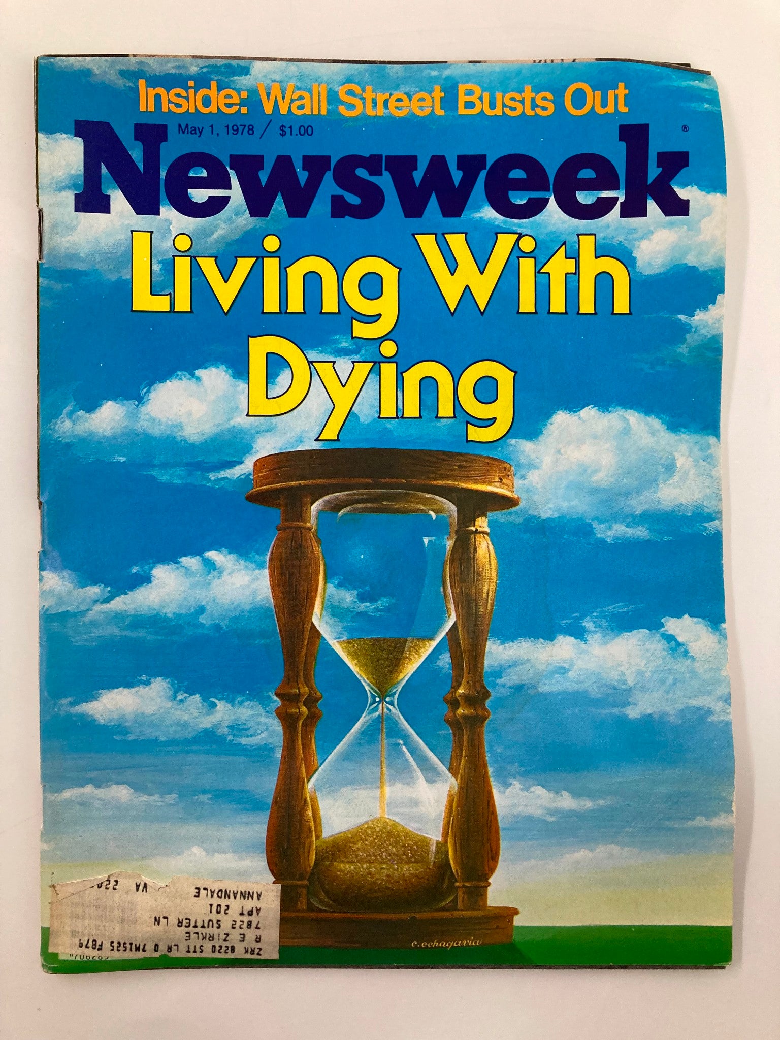 Cover of vintage Newsweek magazine titled 'Living with Dying' from May 1, 1978, featuring an hourglass illustration against a blue sky background and the text 'Inside: Wall Street Busts Out.'
